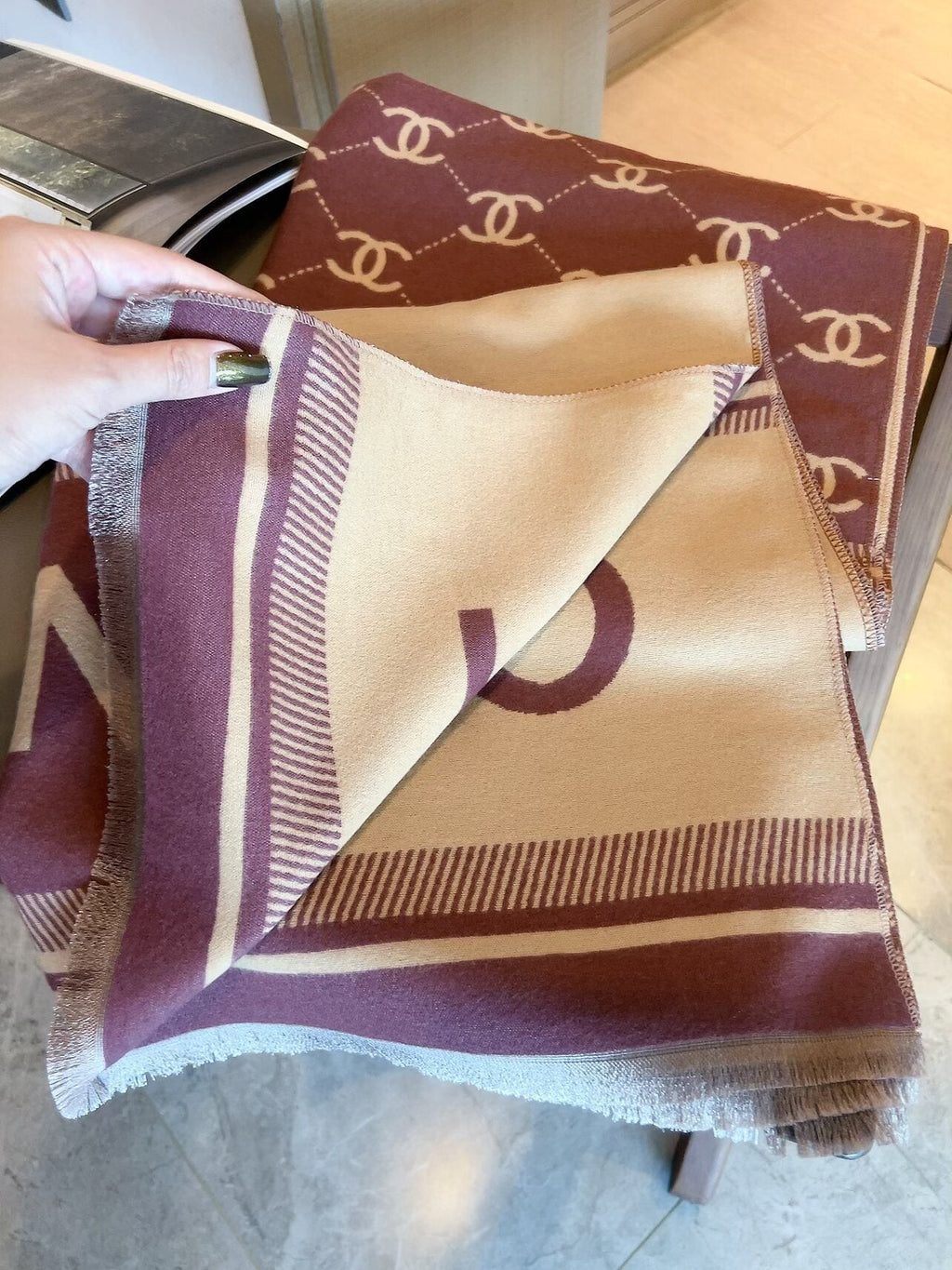 Chanel Burgundy Beige Motif Scarf — detail