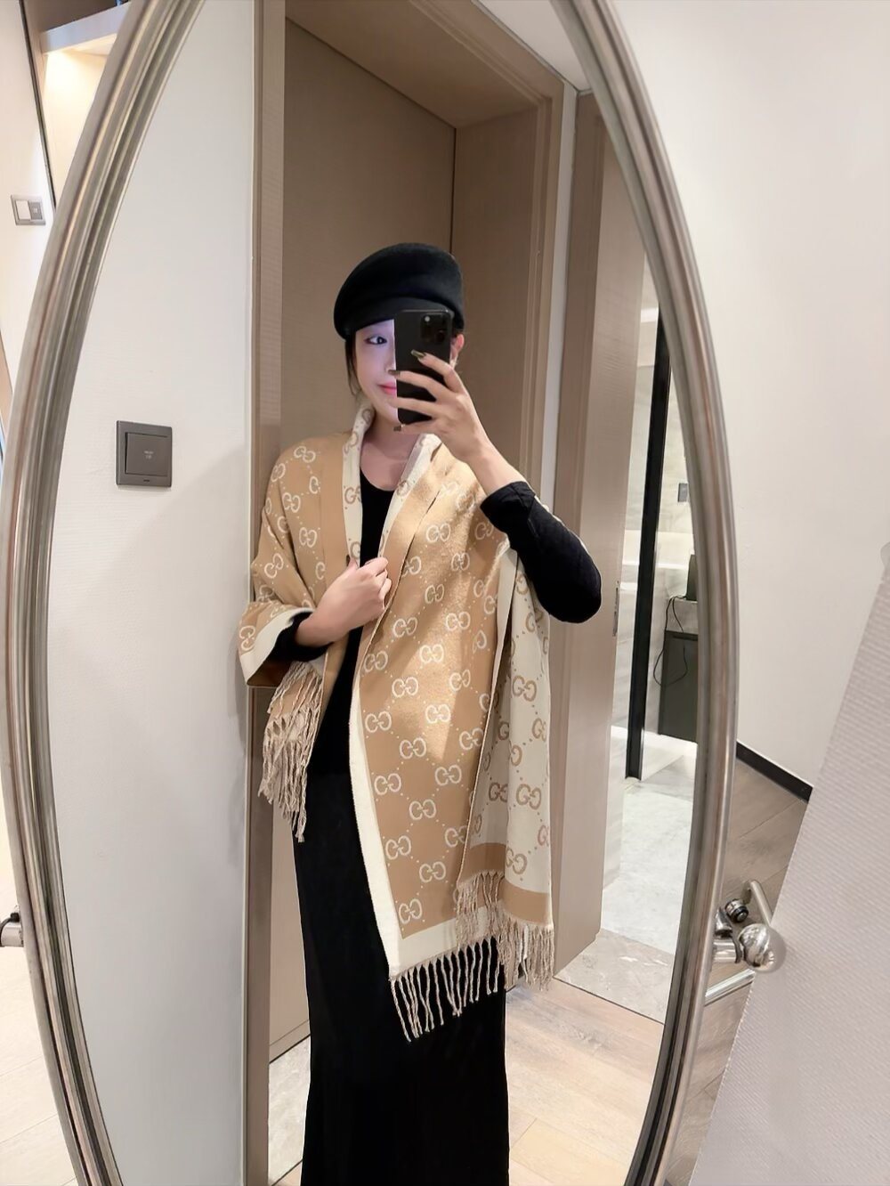 Gucci Black & Beige Fringed Shawl — model