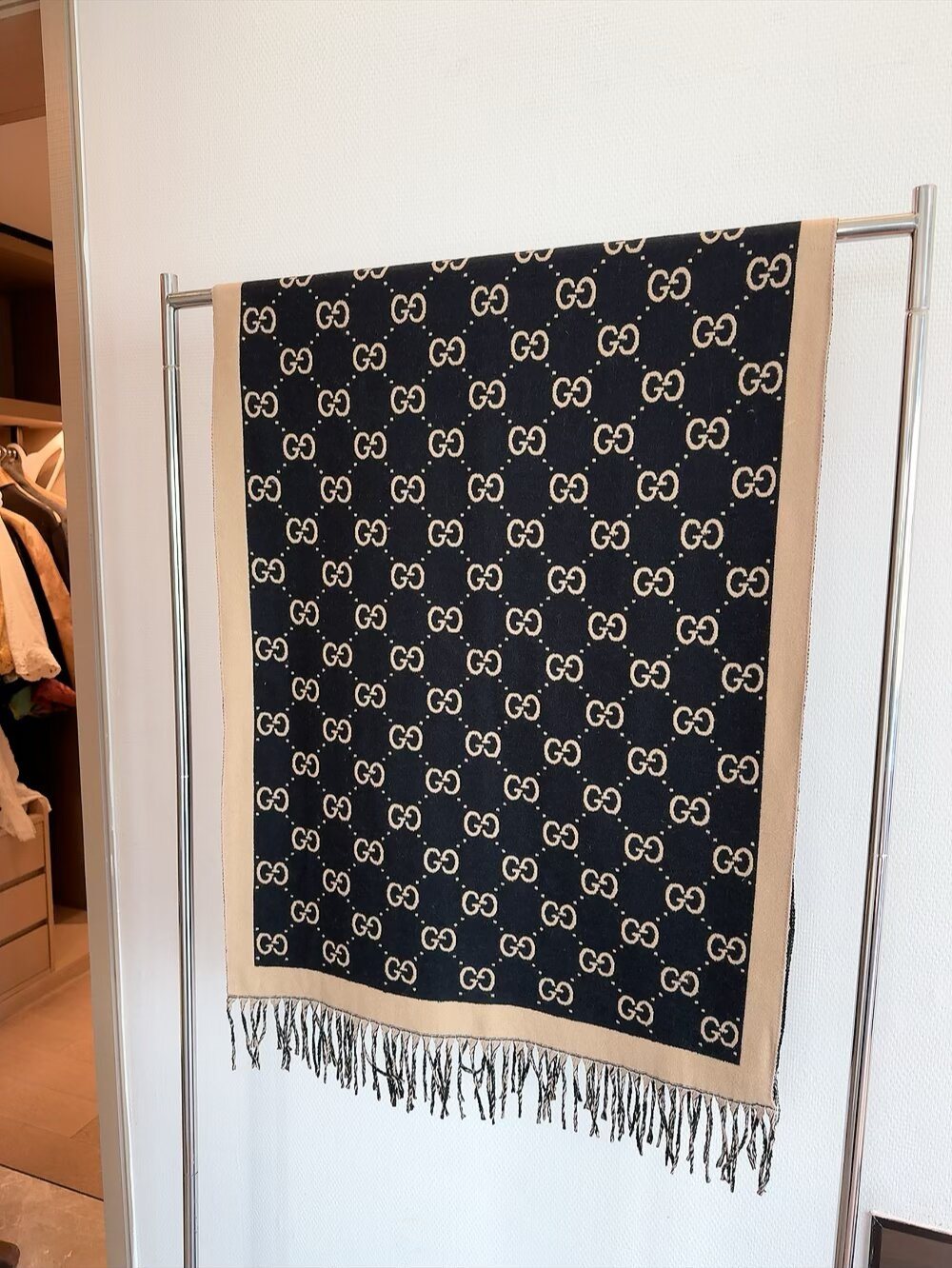 Gucci Black & Beige Fringed Shawl — front
