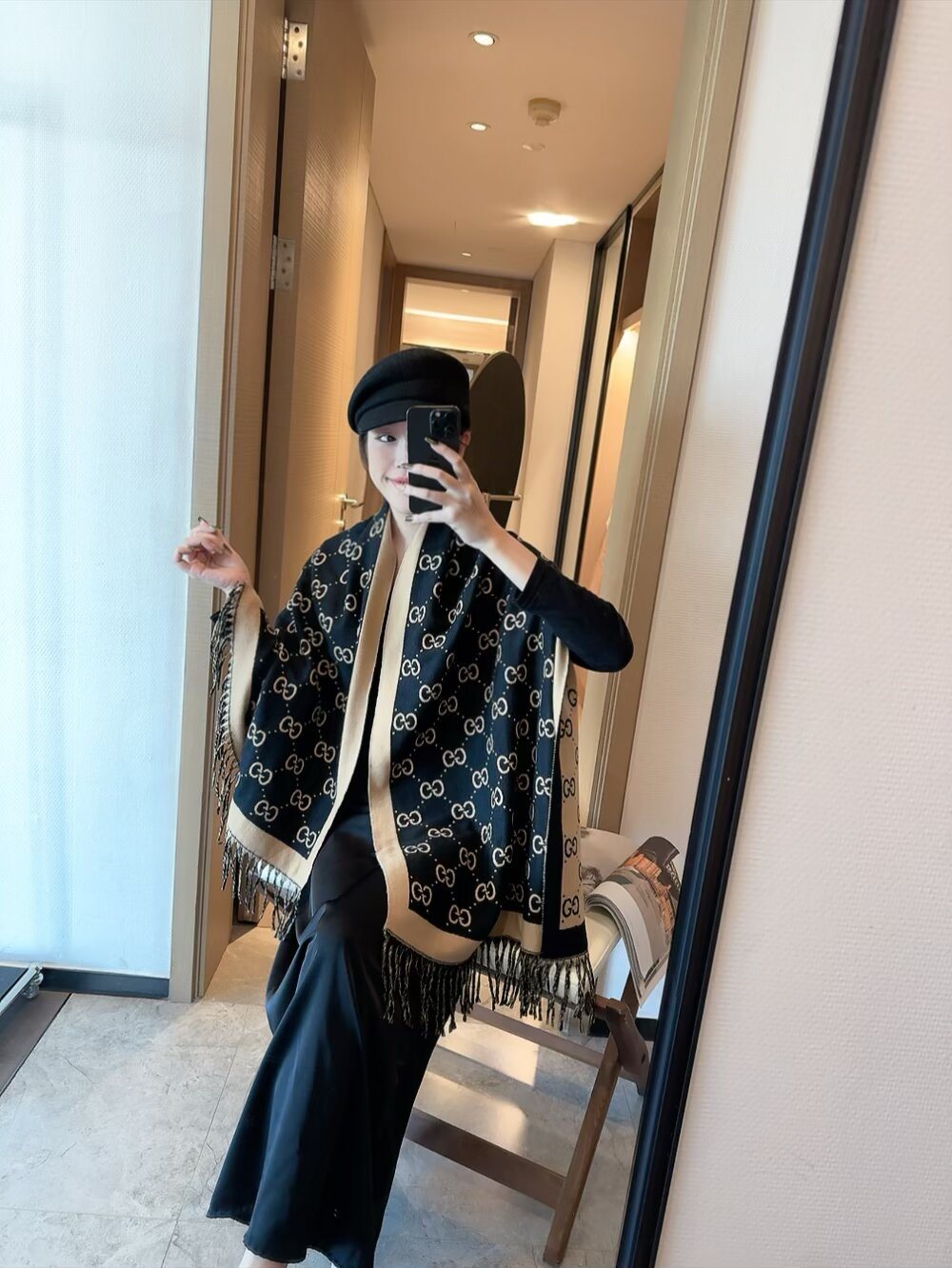 Gucci Black & Beige Fringed Shawl — model