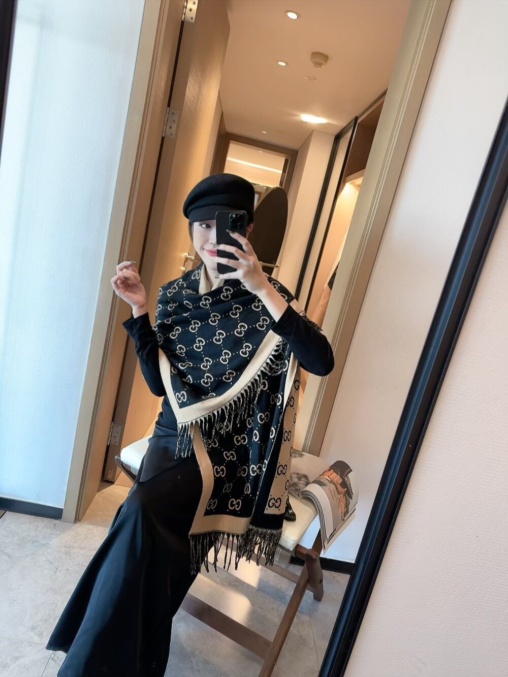 Gucci Black & Beige Fringed Shawl — model
