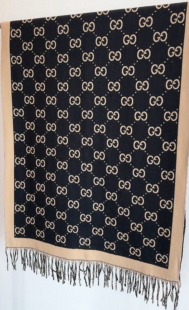 Gucci Black & Beige Fringed Shawl — hero