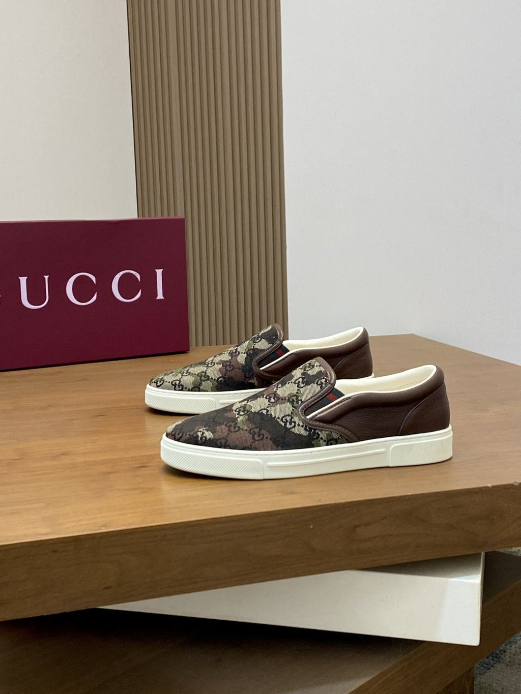 Gucci Dark Brown Patterned Slip-On Sneakers — front