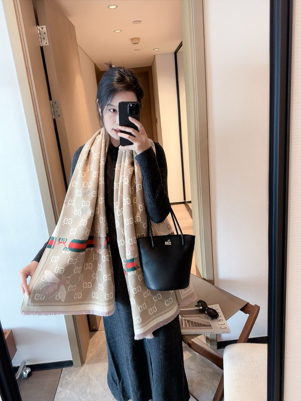 Blush Beige Patterned Fringe Scarf — model