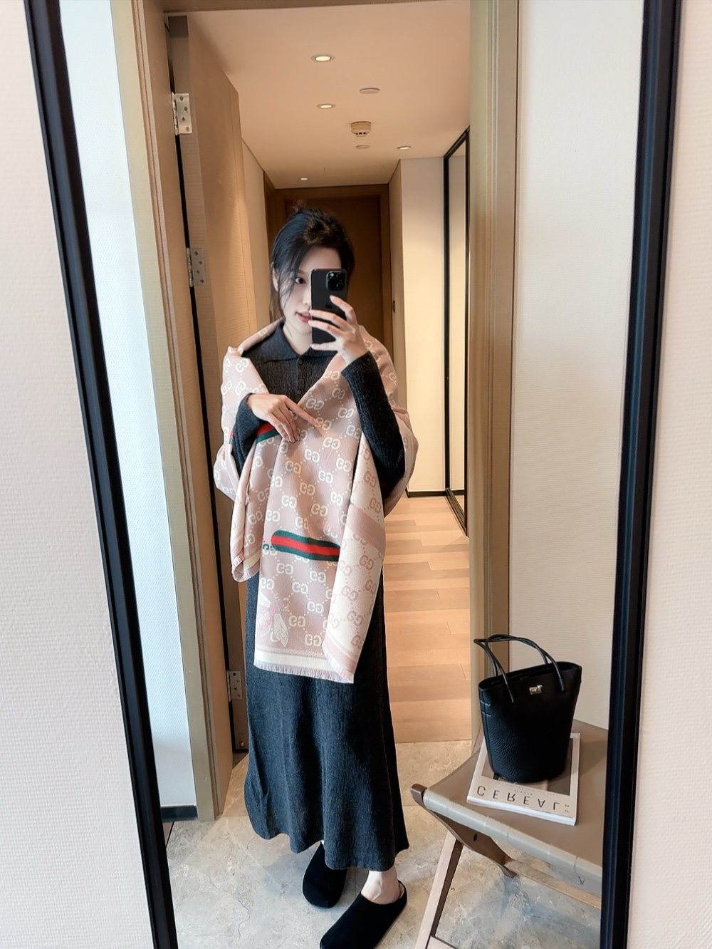 Fringed Geometric Motif Scarf — model