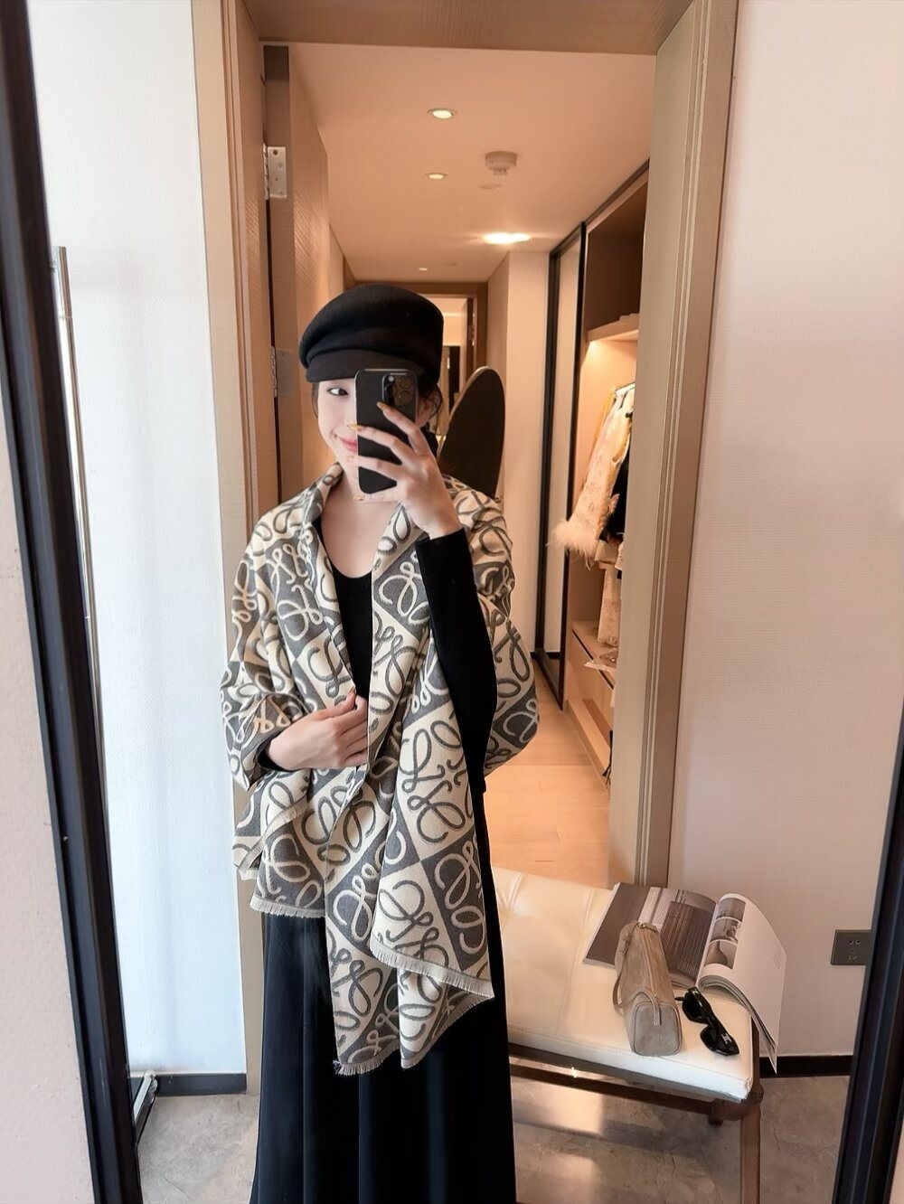 Loewe Reversible Anagram Fringe Scarf — model