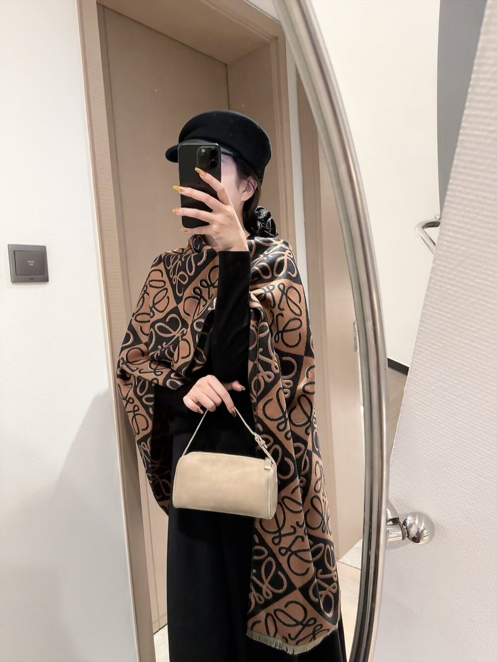 Loewe Taupe Graphic Motif Scarf — model