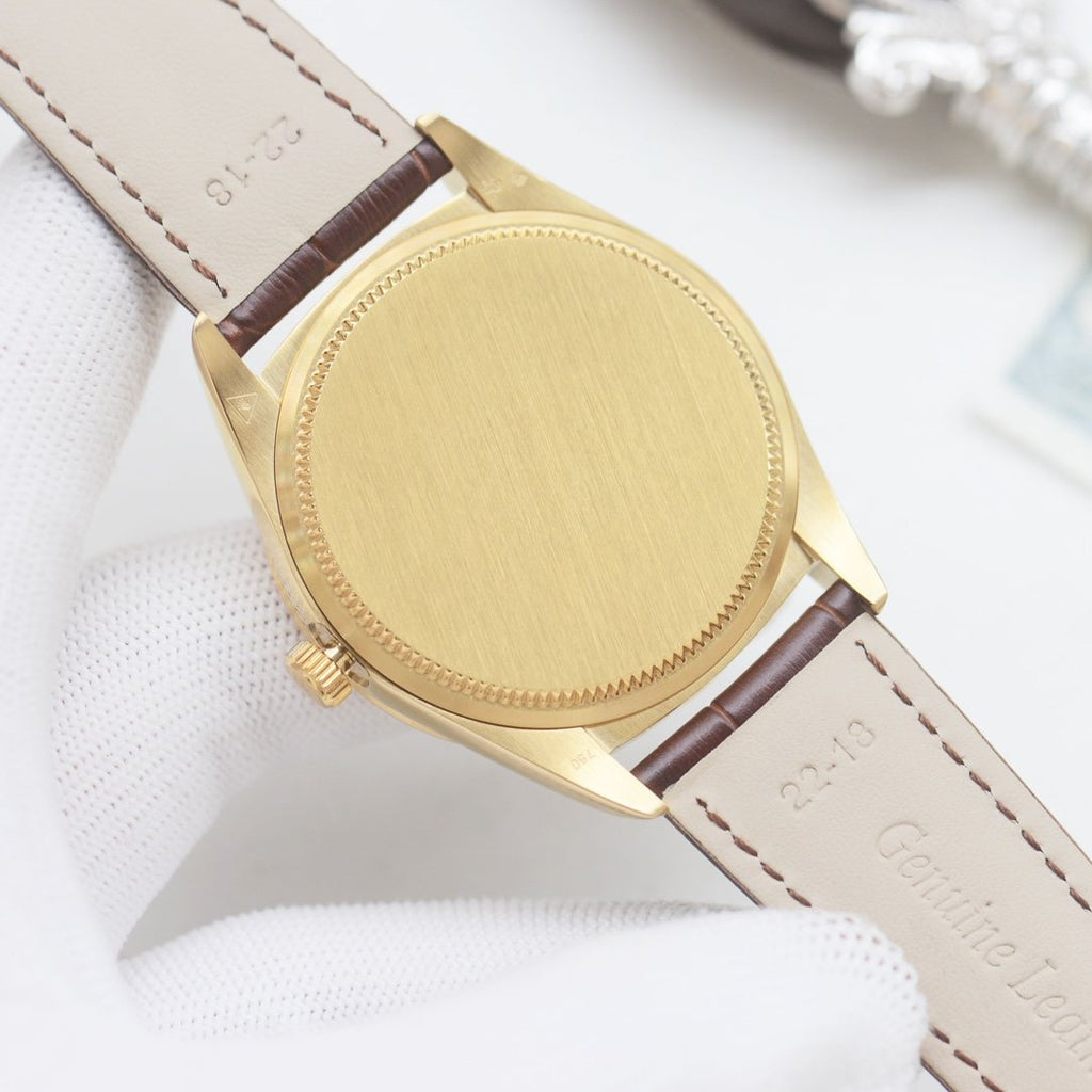 Rolex Gold Brown Leather Strap Watch — back