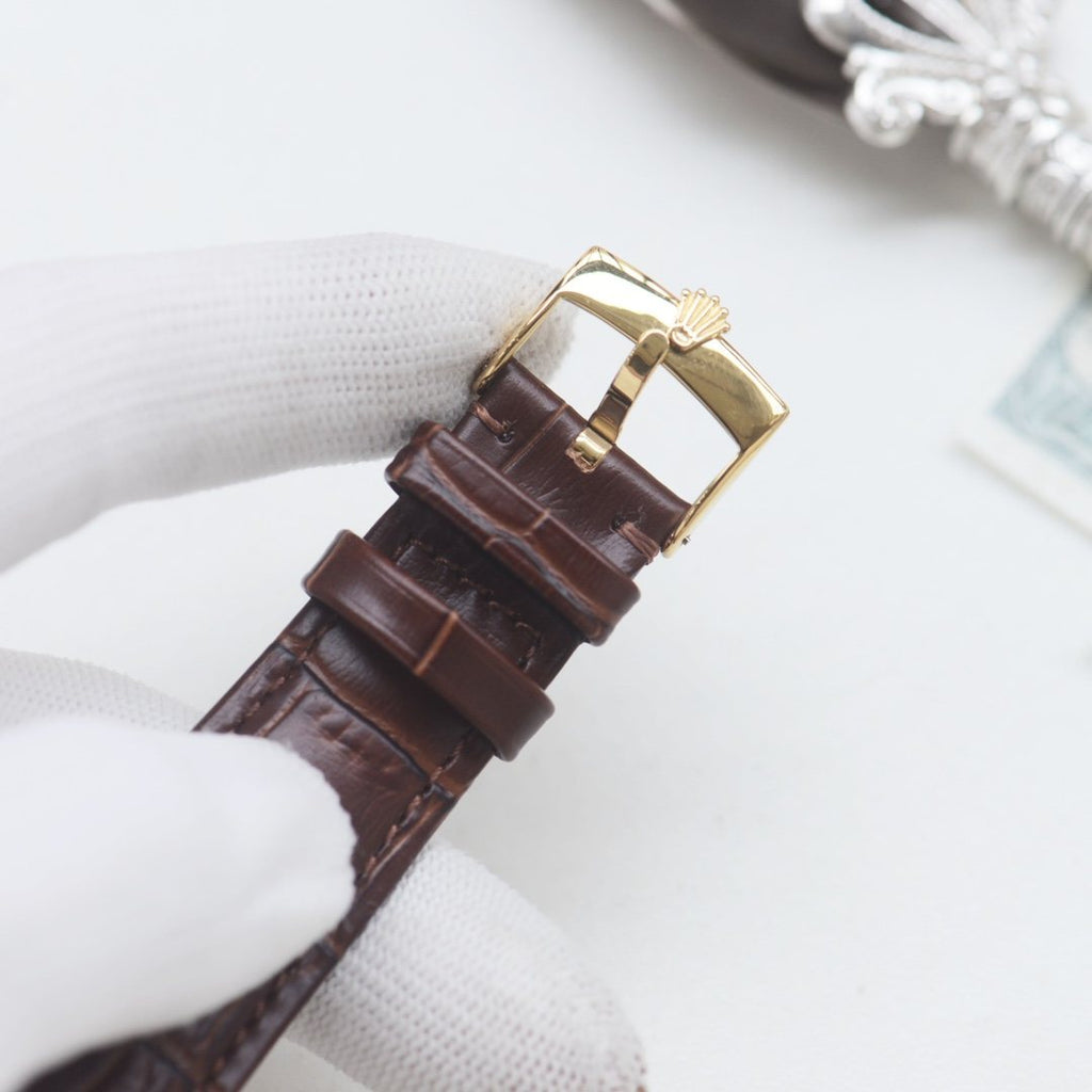 Rolex Gold Brown Leather Strap Watch — detail