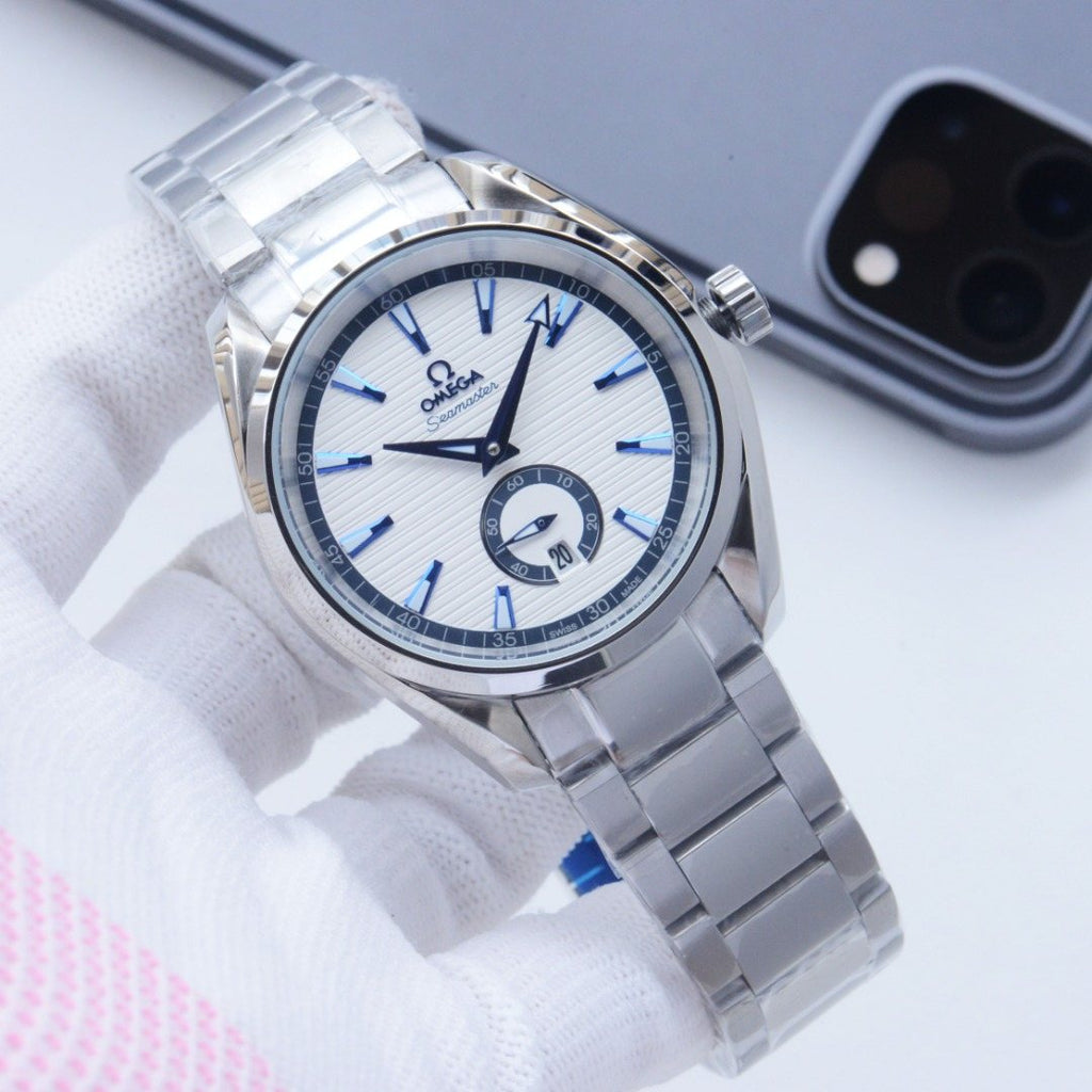 Omega Silver Blue White Dial Bracelet Watch — front