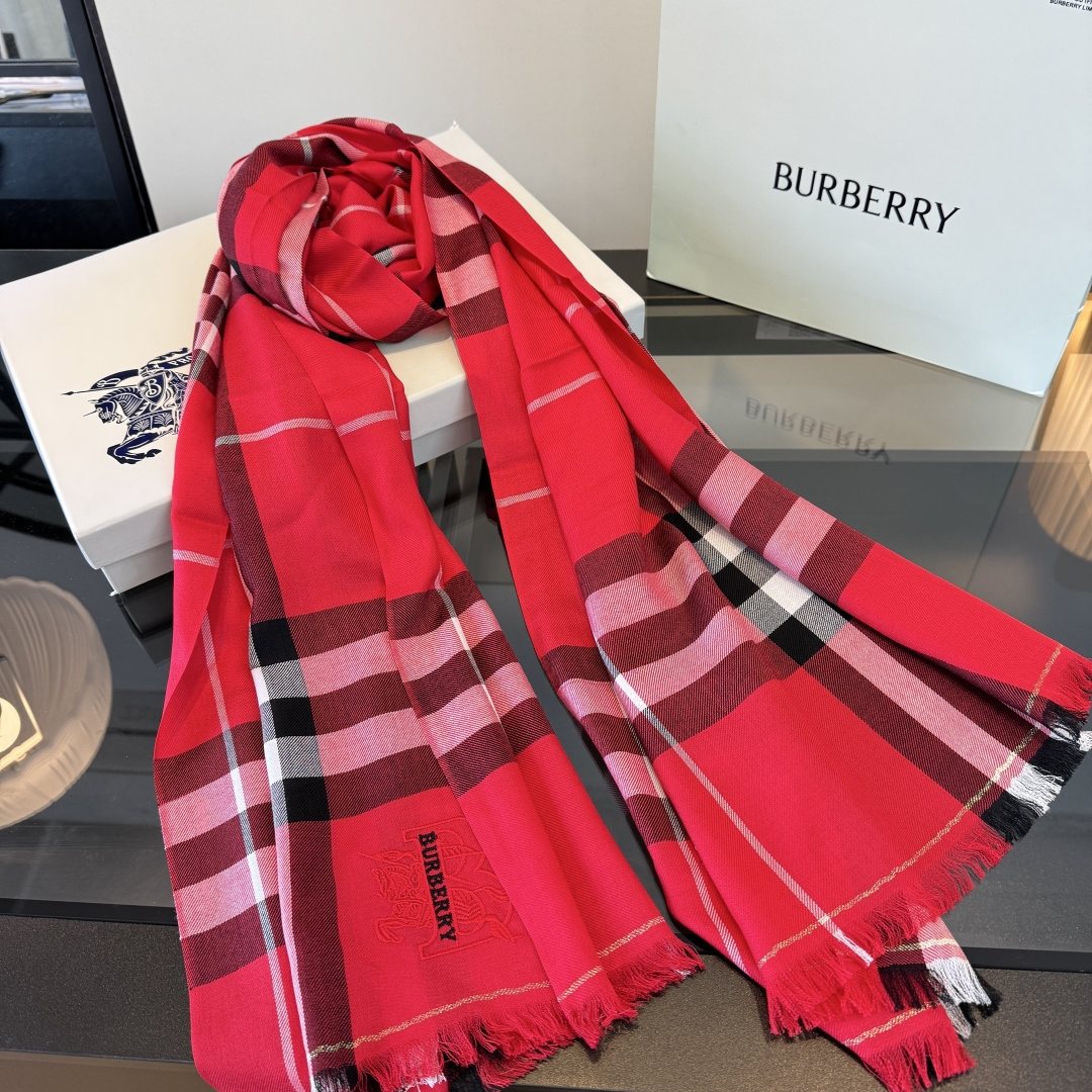 Burberry Red Plaid Fringe Scarf — front