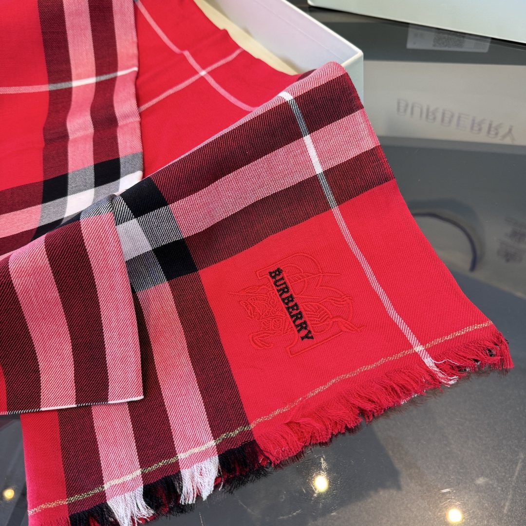 Burberry Red Plaid Fringe Scarf — detail