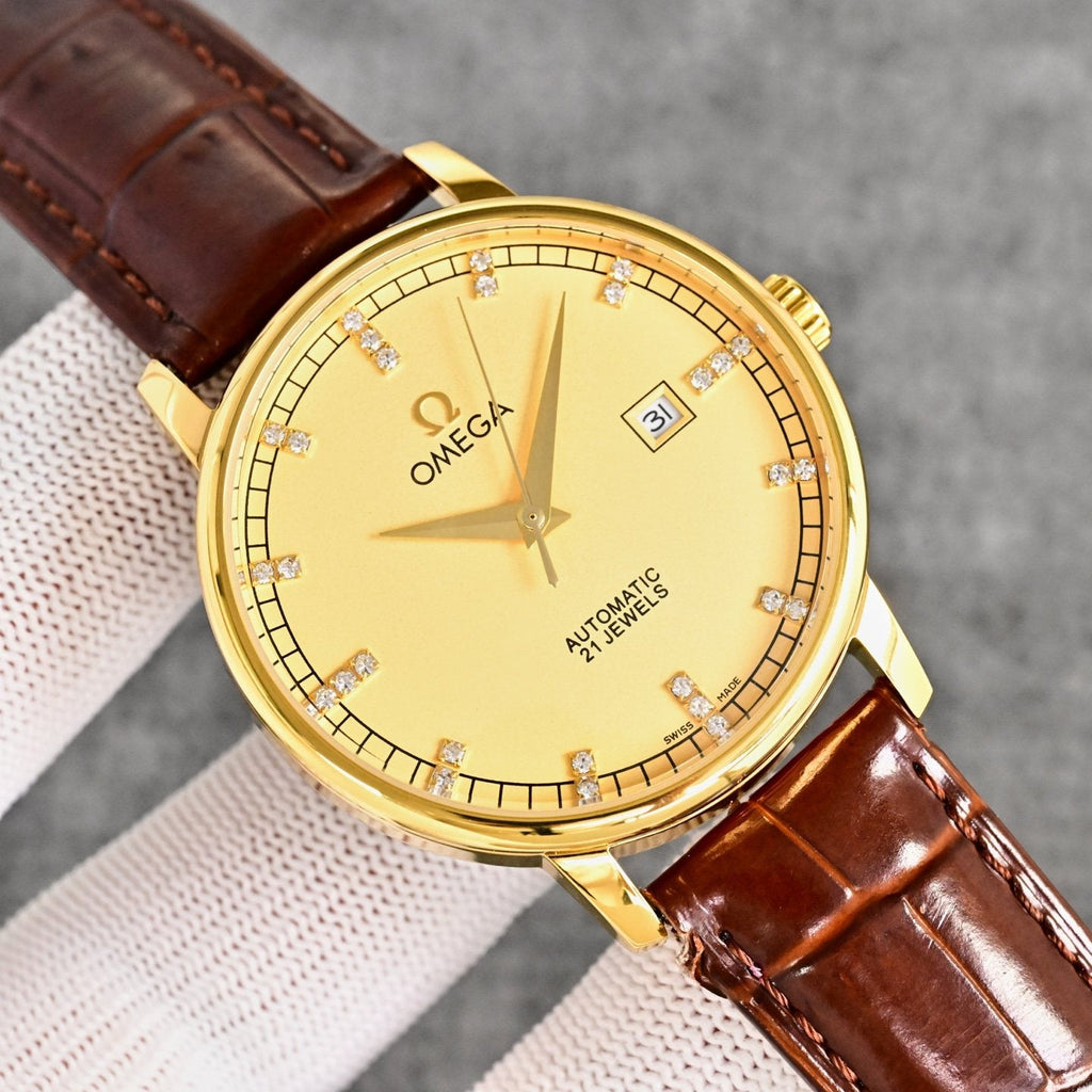 Omega Gold Brown Strap Watch — hero