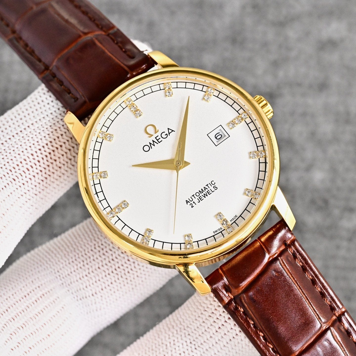 Omega Gold Brown White Dial Strap Watch — front