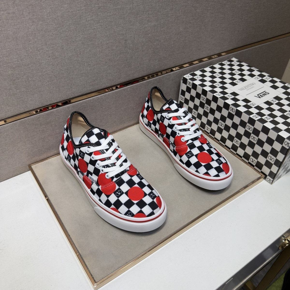 Vans Checkerboard Red Accent Sneakers — hero