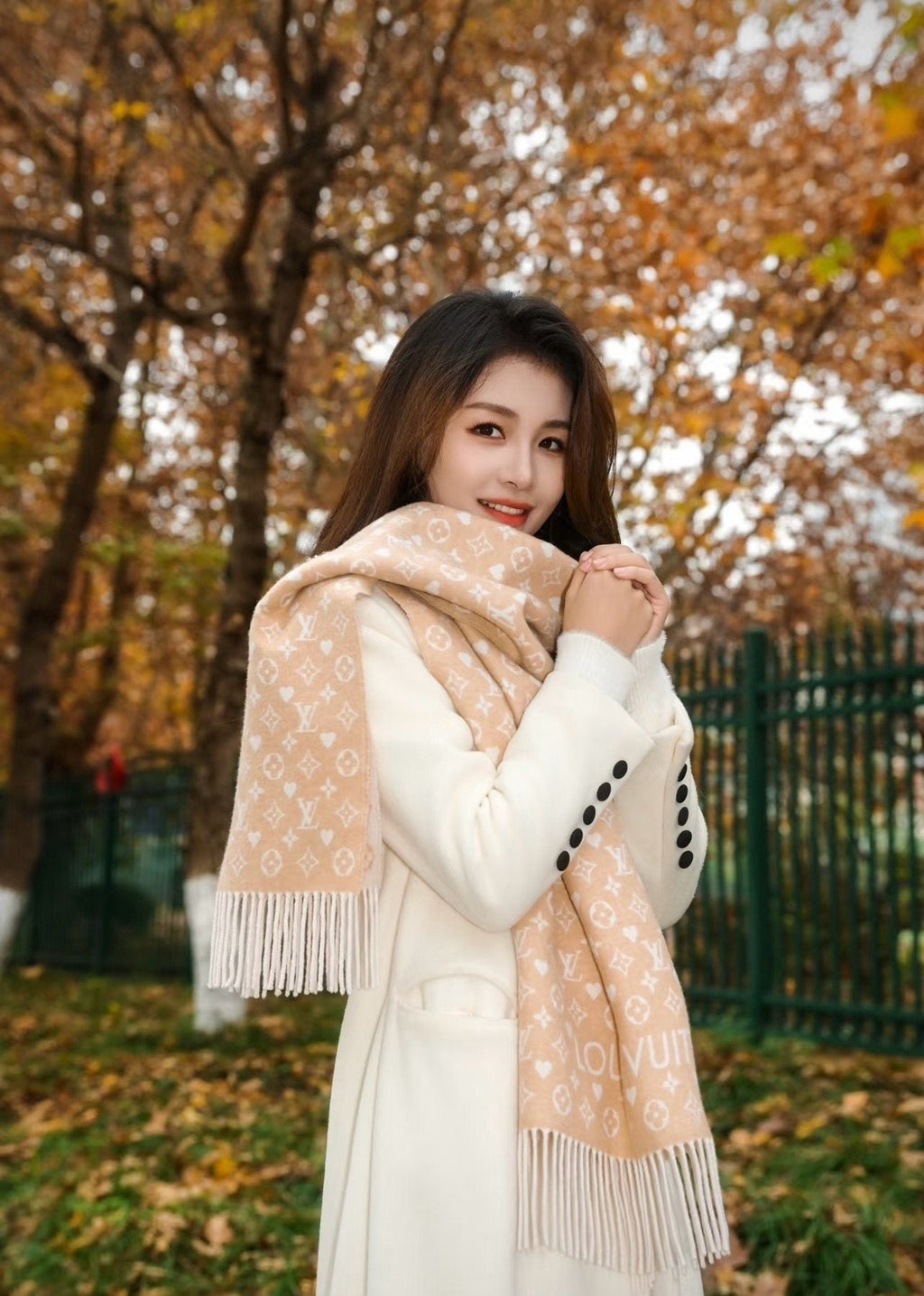 Louis Vuitton Taupe Monogram Fringe Scarf — model