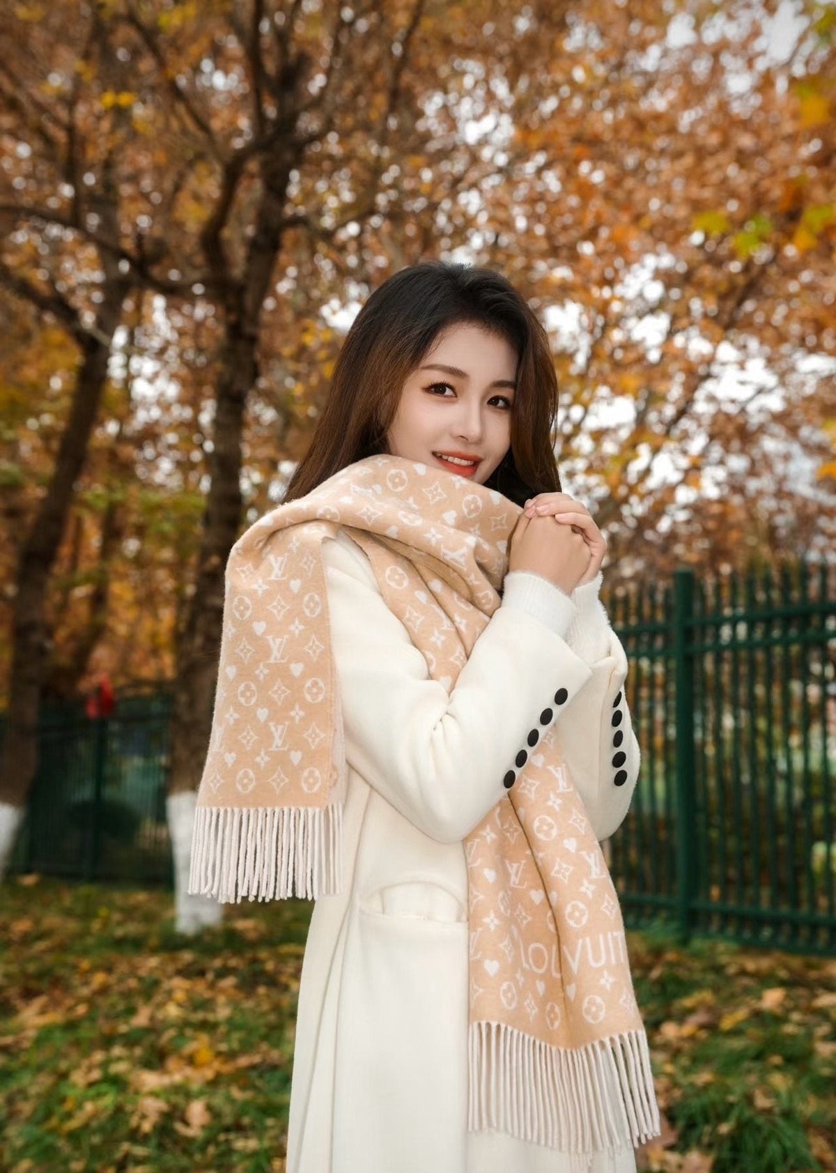 Louis Vuitton Taupe Monogram Fringe Scarf — model