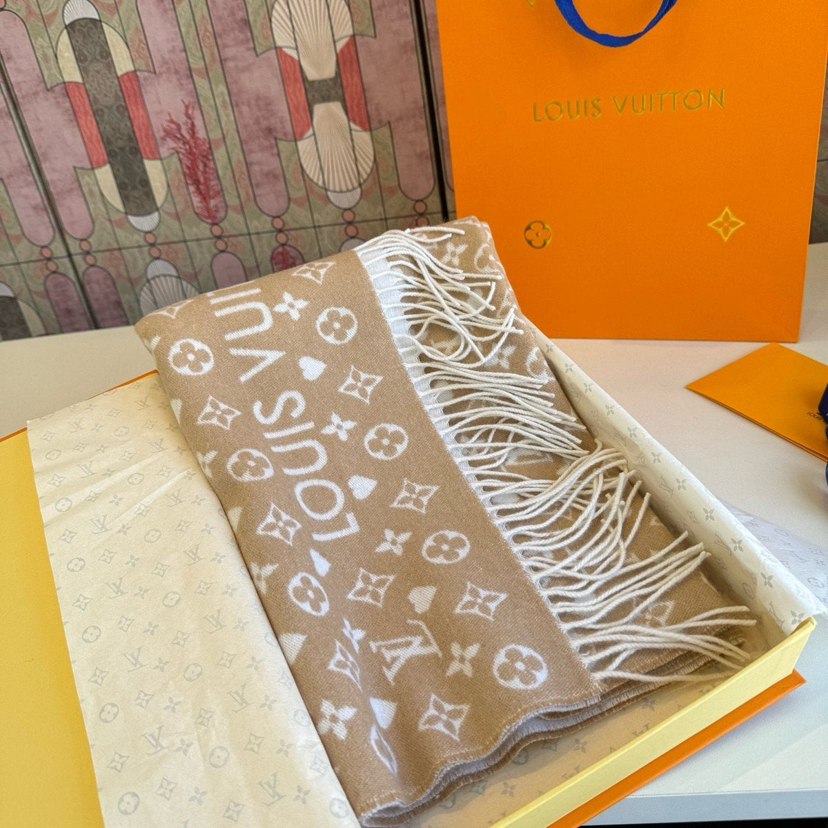Louis Vuitton Taupe Monogram Fringe Scarf — side