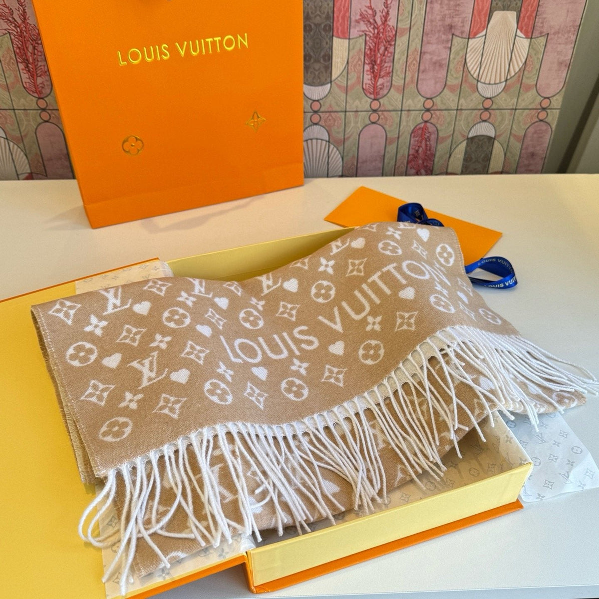 Louis Vuitton Taupe Monogram Fringe Scarf — front