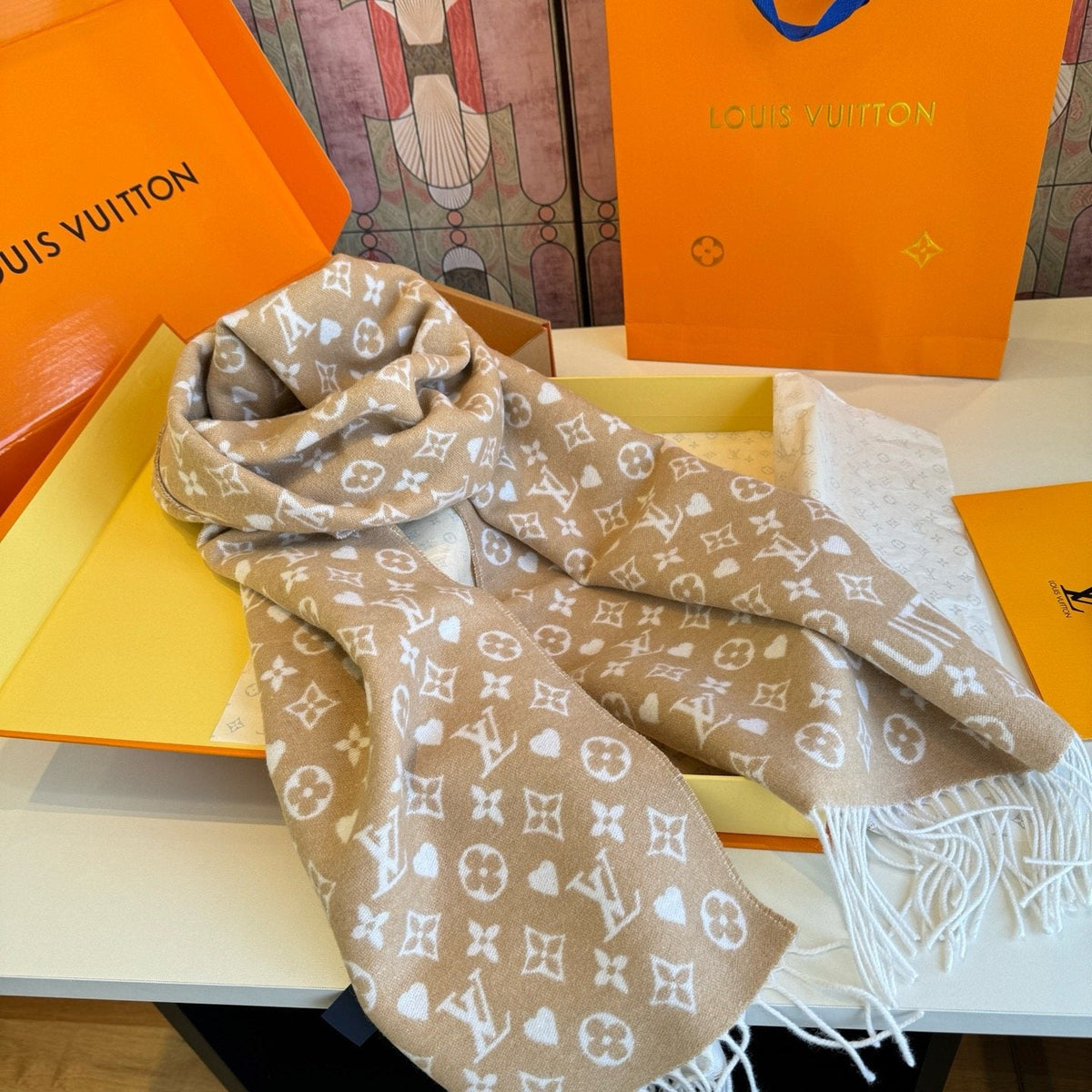 Louis Vuitton Taupe Monogram Fringe Scarf — side