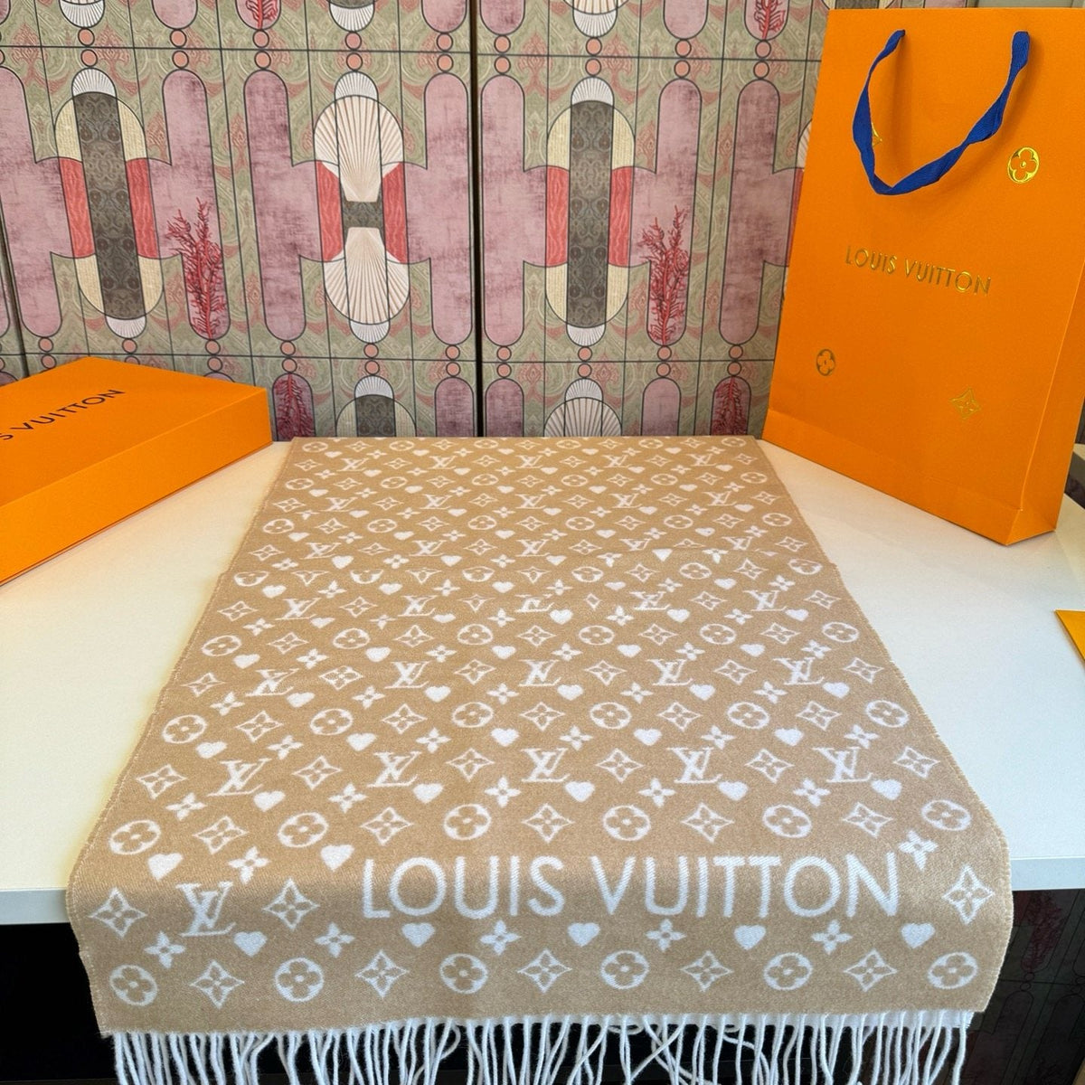 Louis Vuitton Taupe Monogram Fringe Scarf — hero