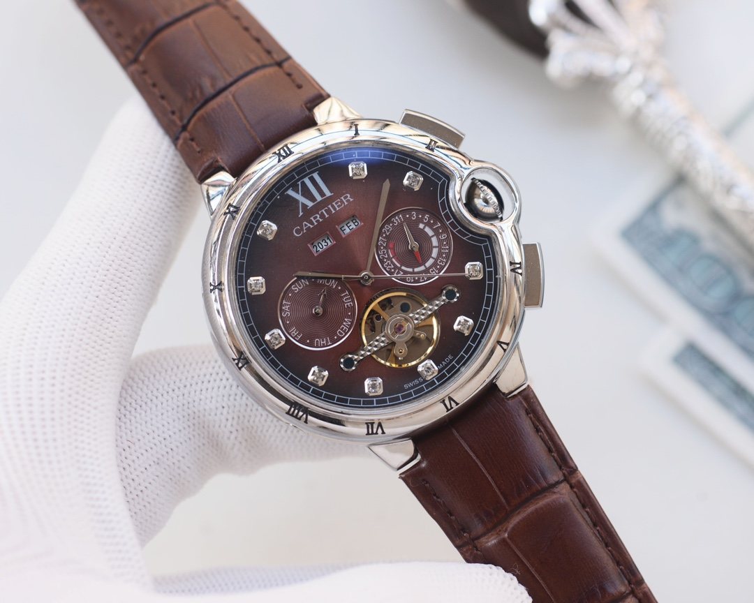 Cartier Brown Silver Dial Strap Watch — front
