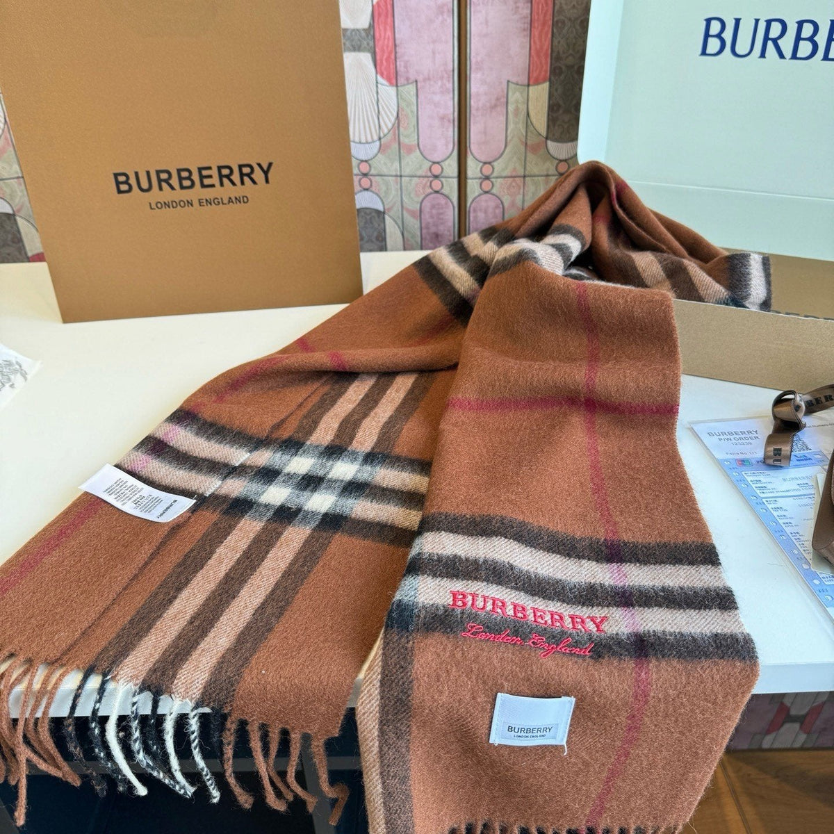 Burberry Brown Plaid Fringed Scarf — front