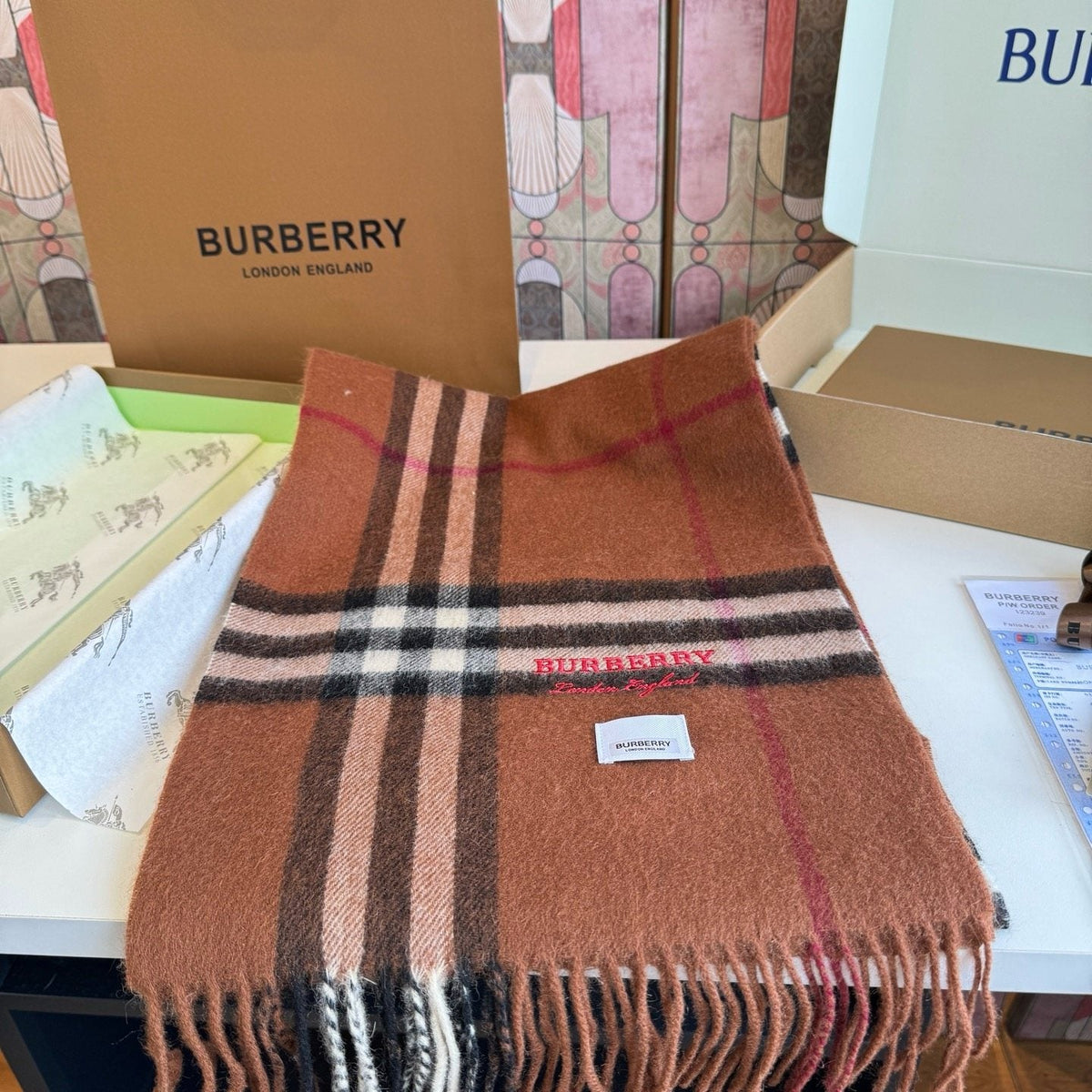 Burberry Brown Plaid Fringed Scarf — front