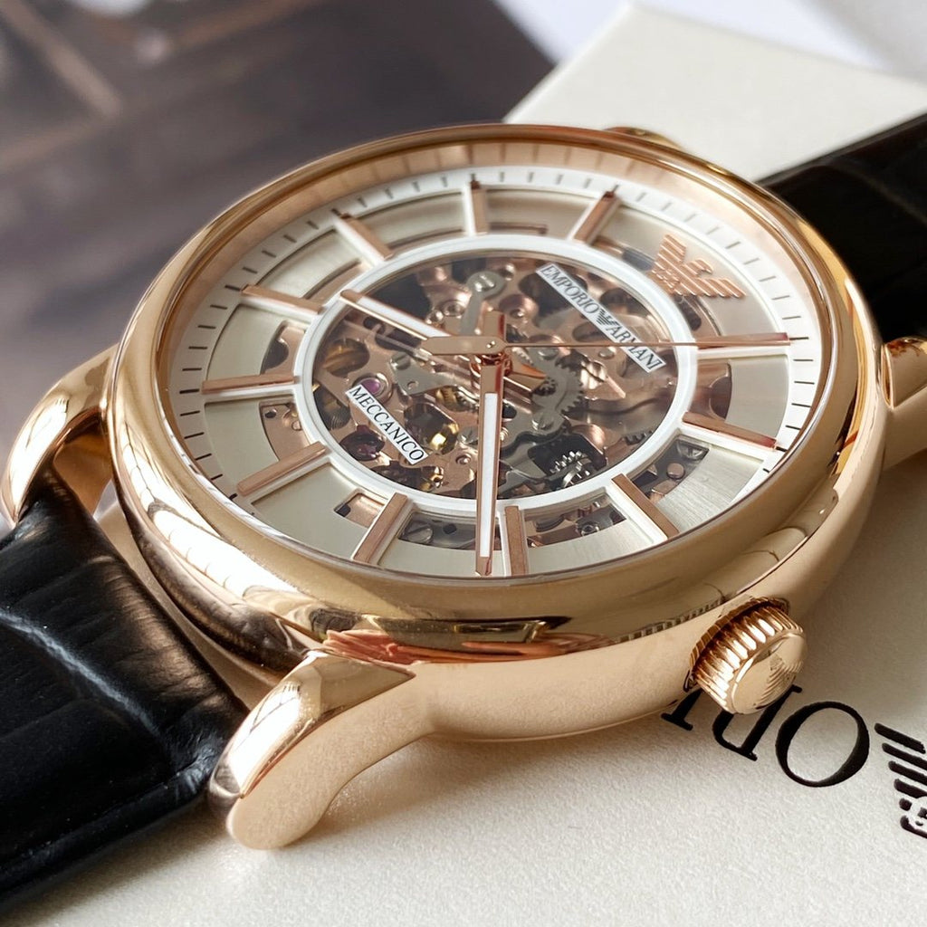 EMPORIO ARMANI Rose Gold Skeleton Watch — side