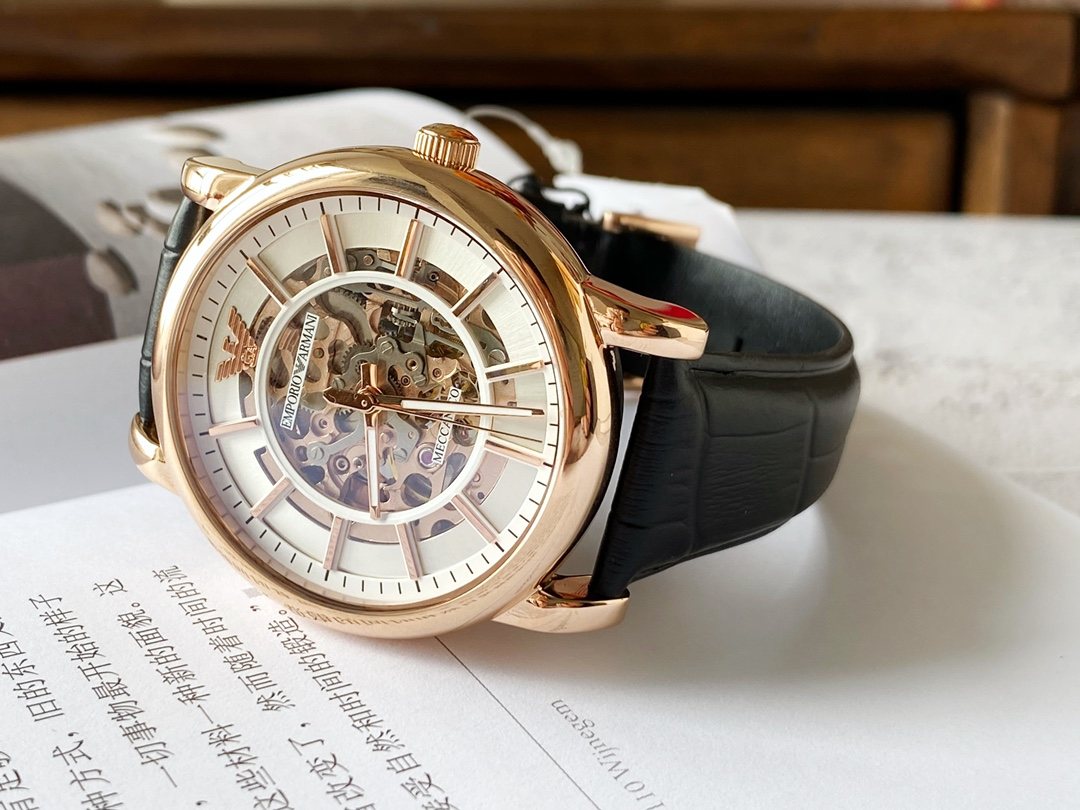 EMPORIO ARMANI Rose Gold Skeleton Watch — front