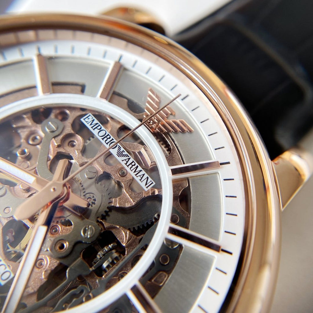 EMPORIO ARMANI Rose Gold Skeleton Watch — detail