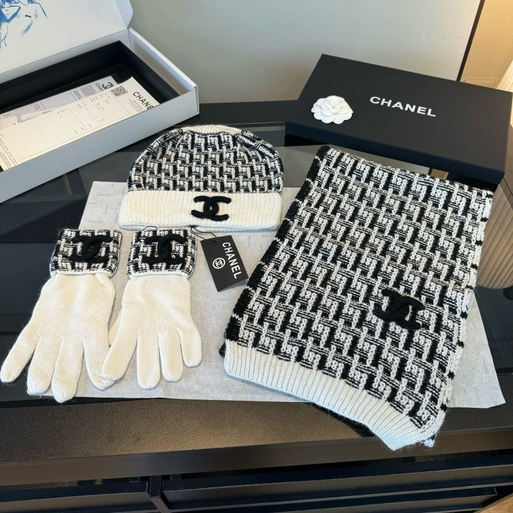 Chanel Black and Ivory Knit Accessory Set — front