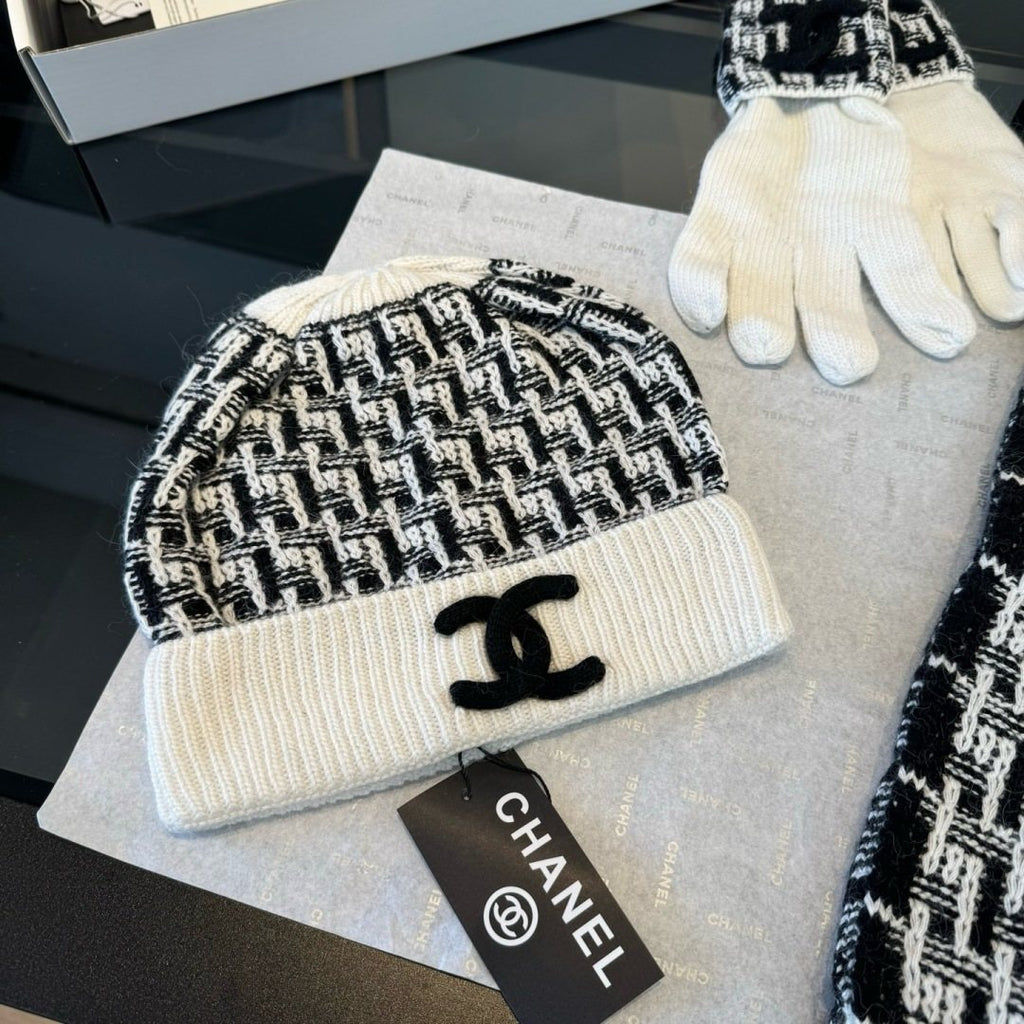Chanel Black and Ivory Knit Accessory Set — front