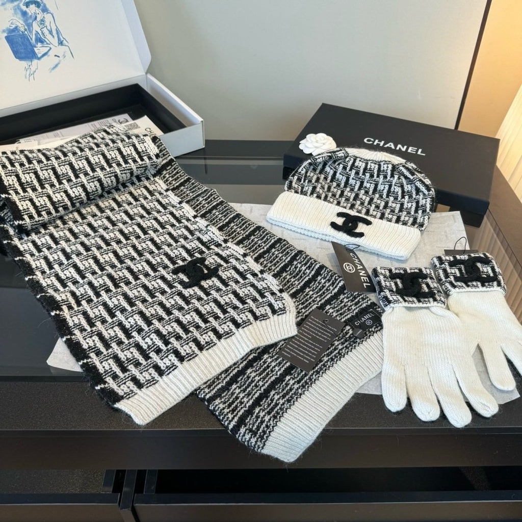 Chanel Black and Ivory Knit Accessory Set — side