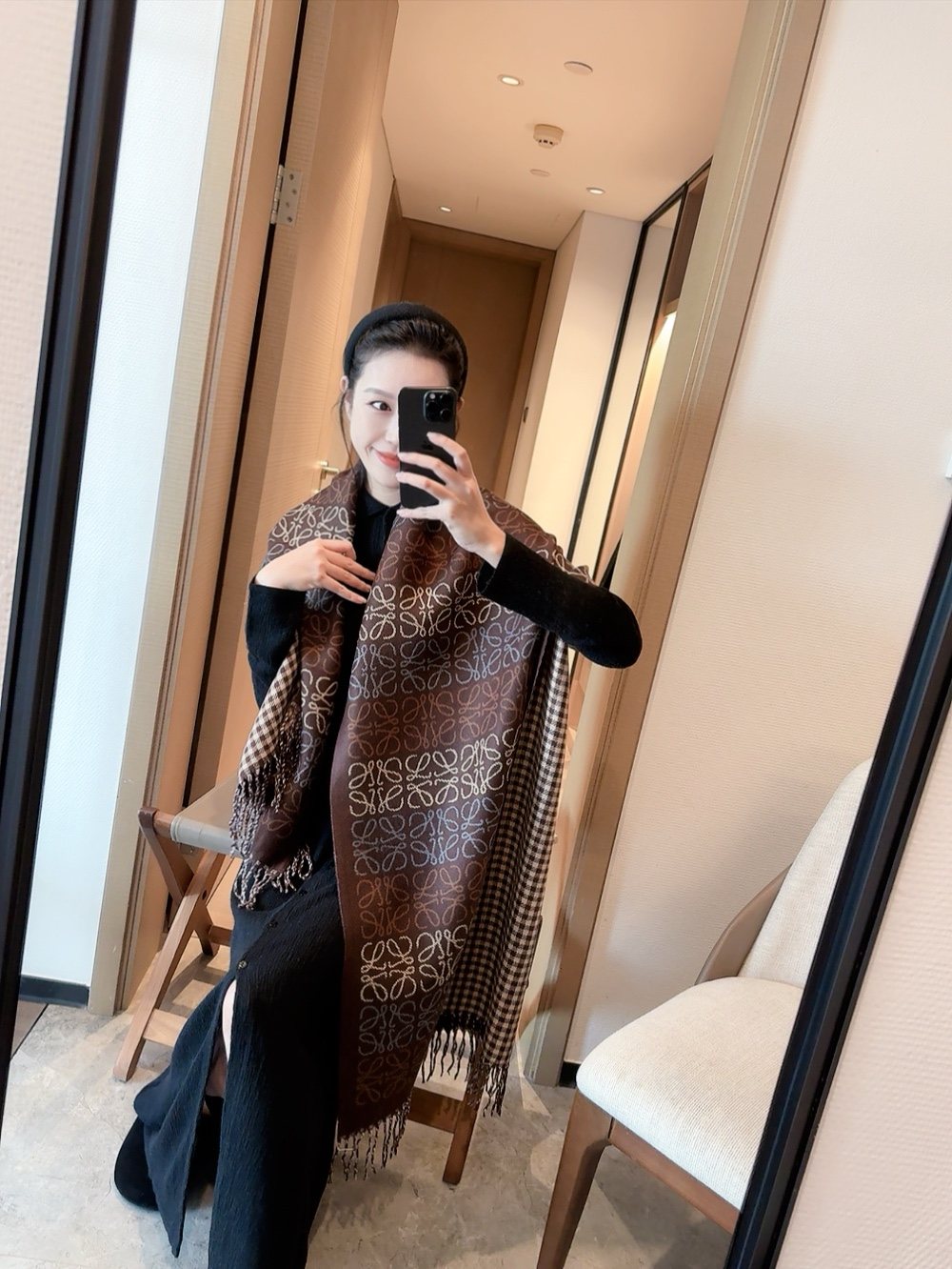 Reversible Patterned Fringed Scarf — model