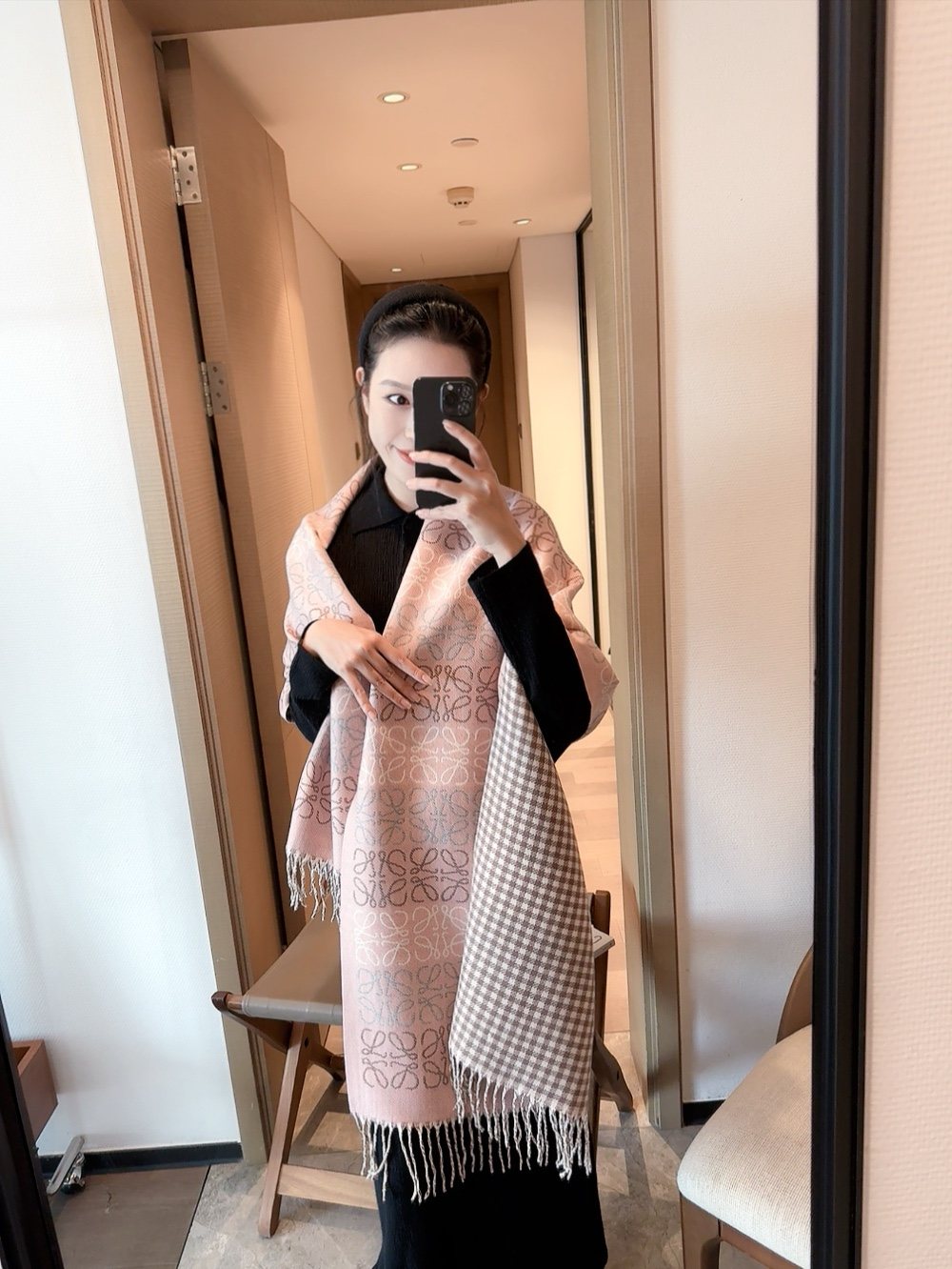 Reversible Fringed Patterned Scarf — model