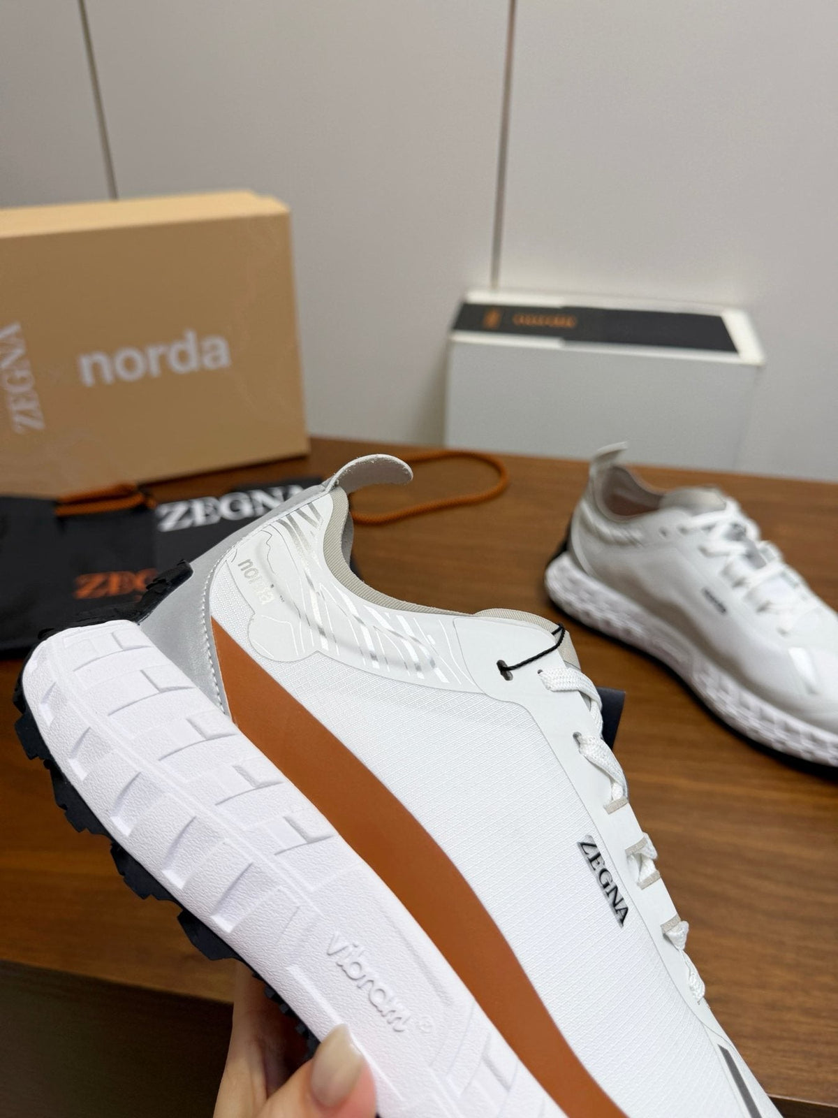White Gray Brown Running Shoes — detail