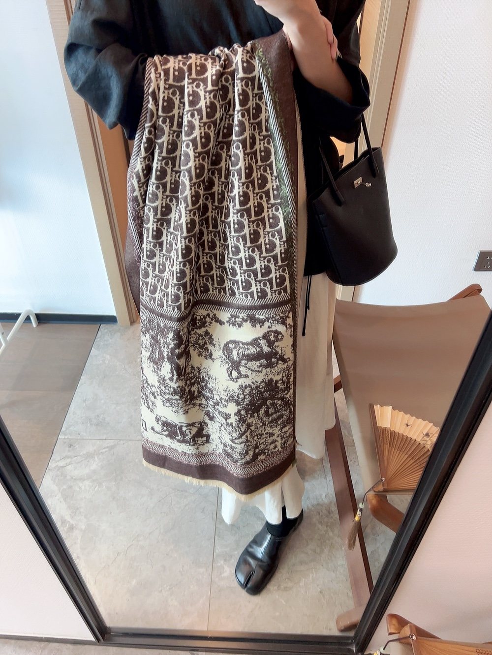 Dior Toile Pattern Fringe Scarf — model