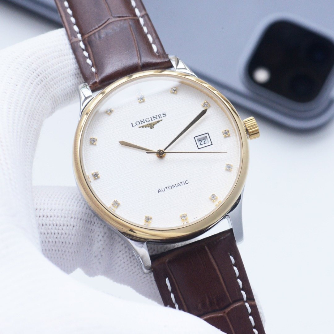 Longines Gold Brown Leather Strap Watch — hero