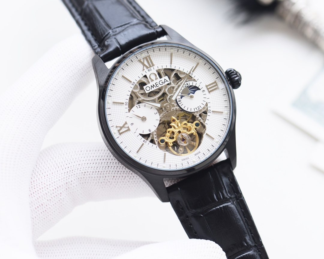 OMEGA Black Silver White Dial Strap Watch — hero