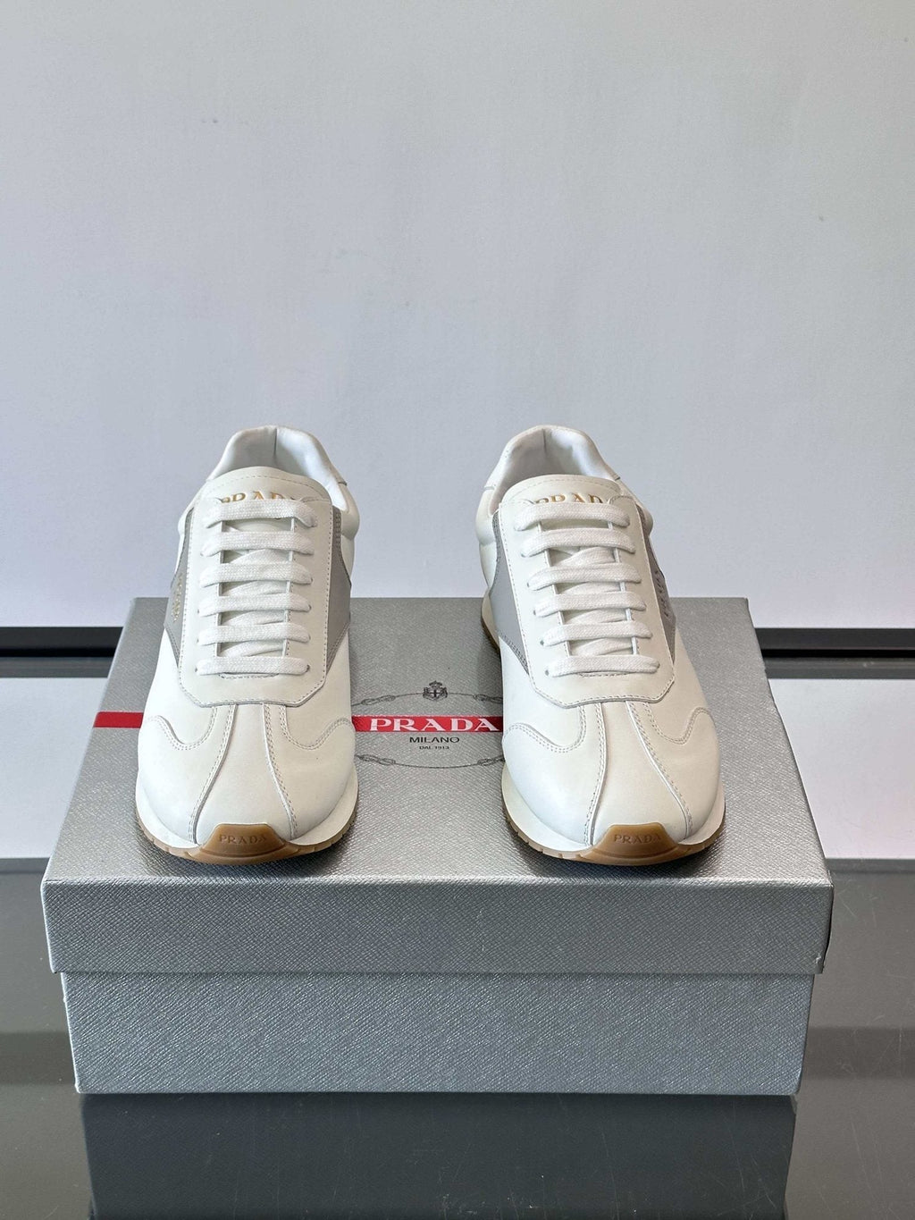 Prada White and Light Gray Sneakers — hero