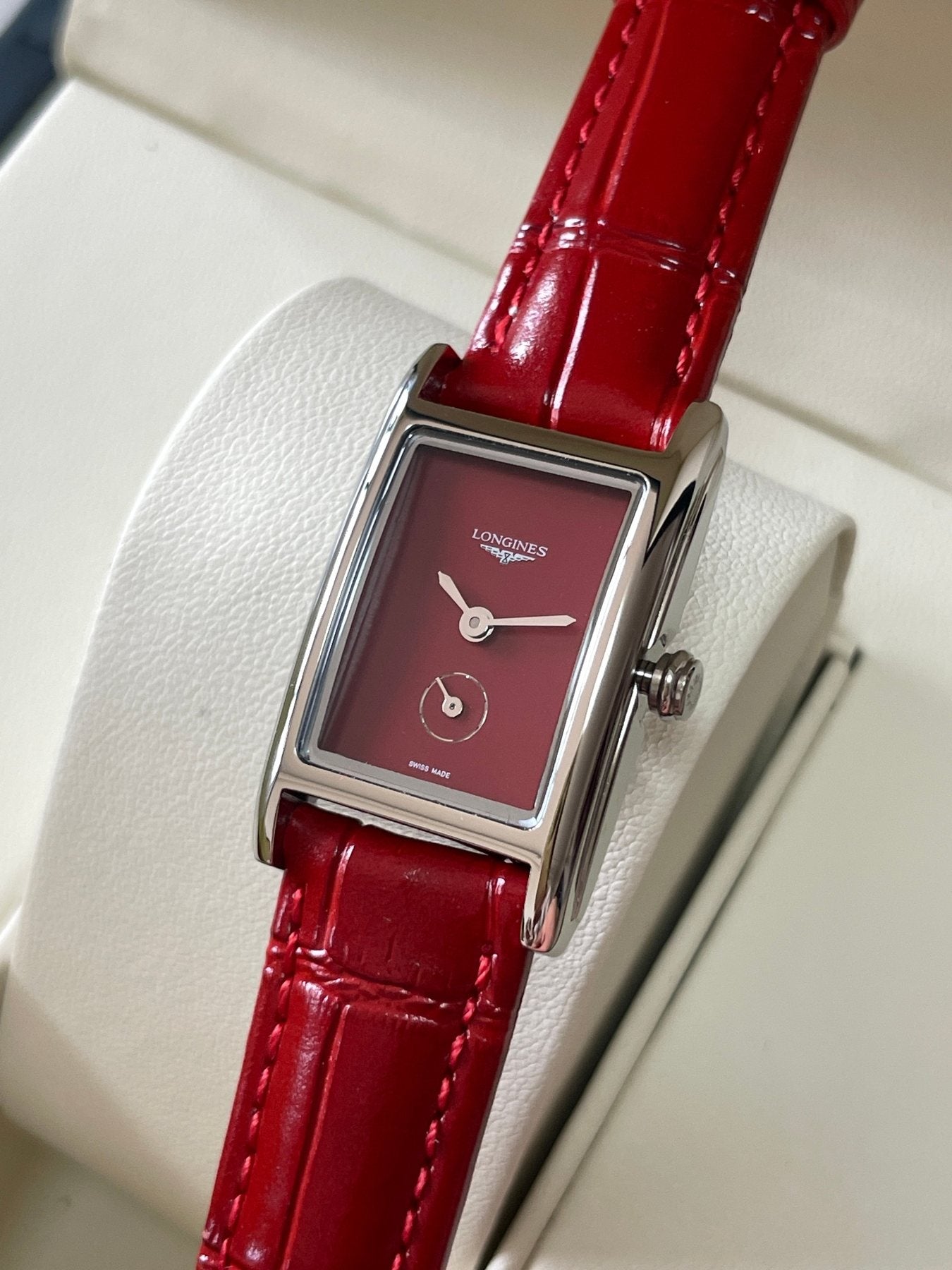 Longines Burgundy Rectangular Strap Watch — front
