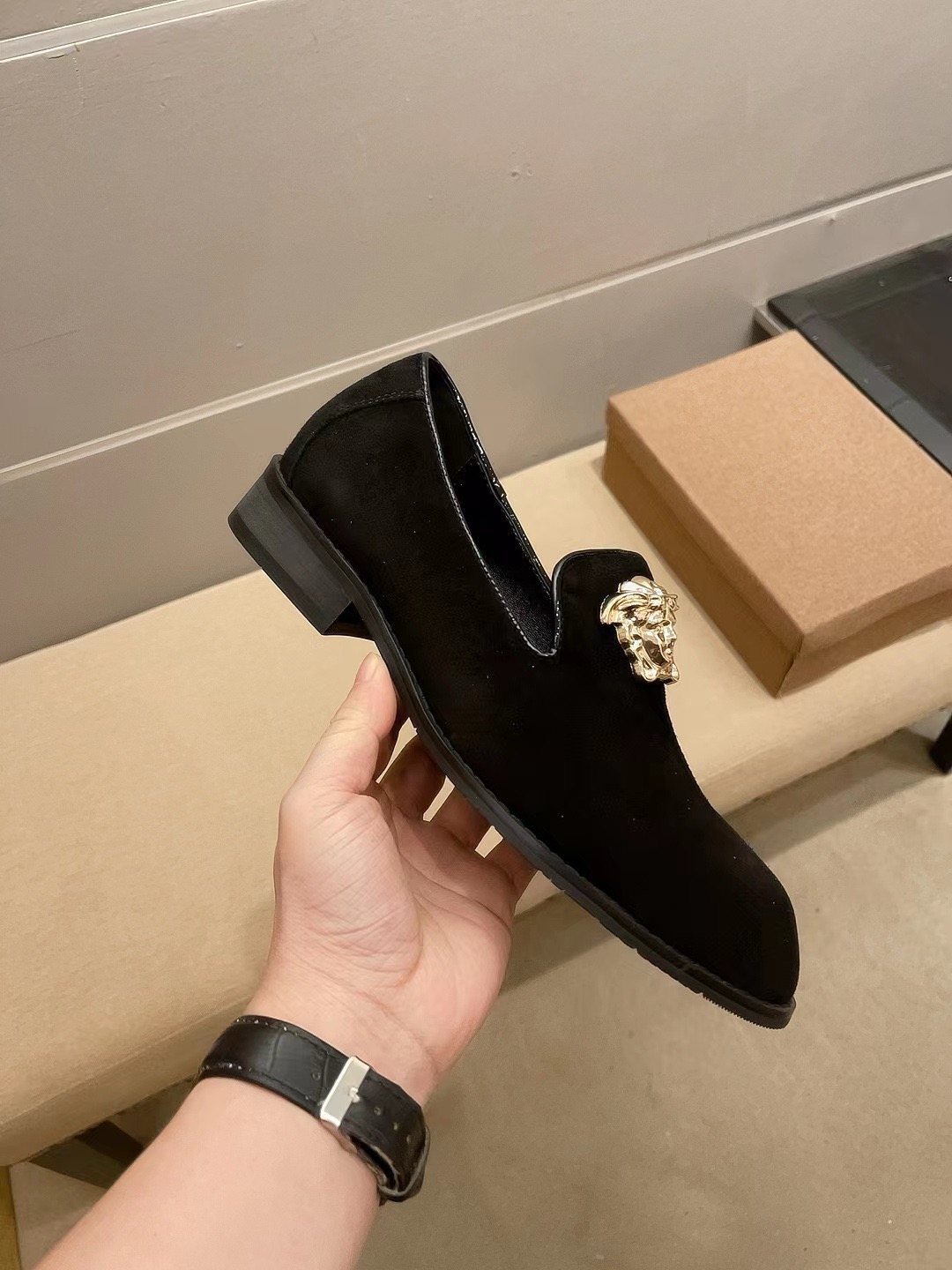 Versace Black Gold-Tone Ornament Loafers — side