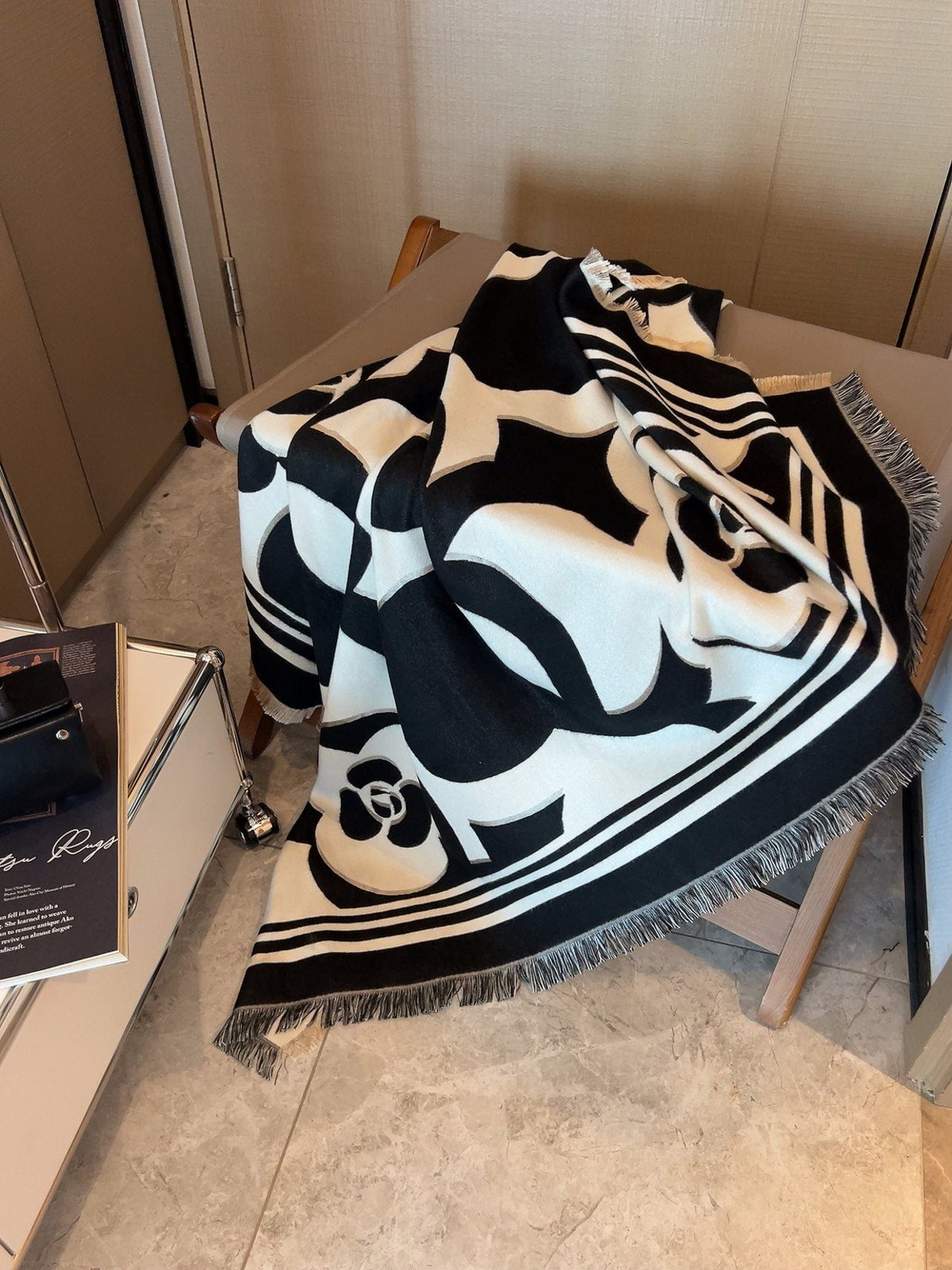 Chanel Black & Ivory Floral Scarf — detail