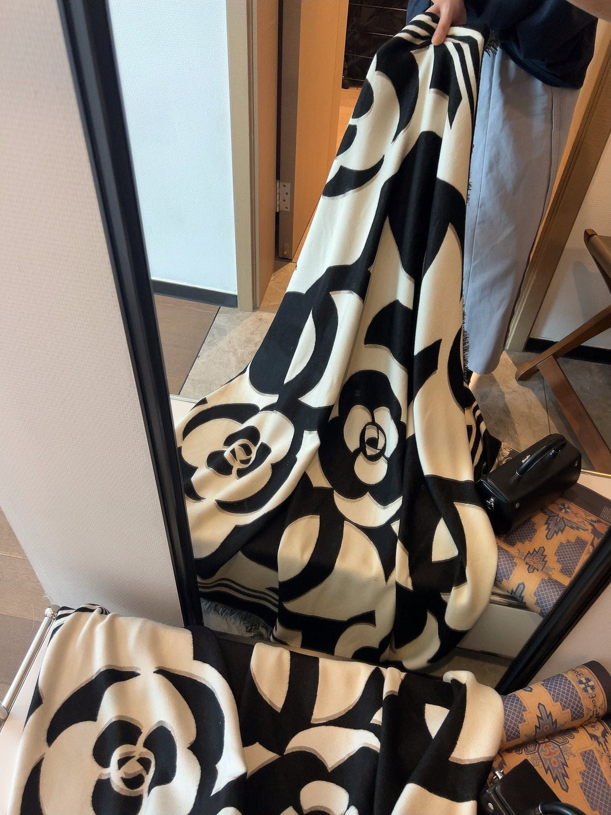 Chanel Black & Ivory Floral Scarf — model