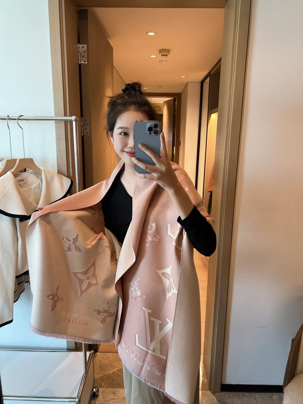 Louis Vuitton Patterned Fringed Shawl — model