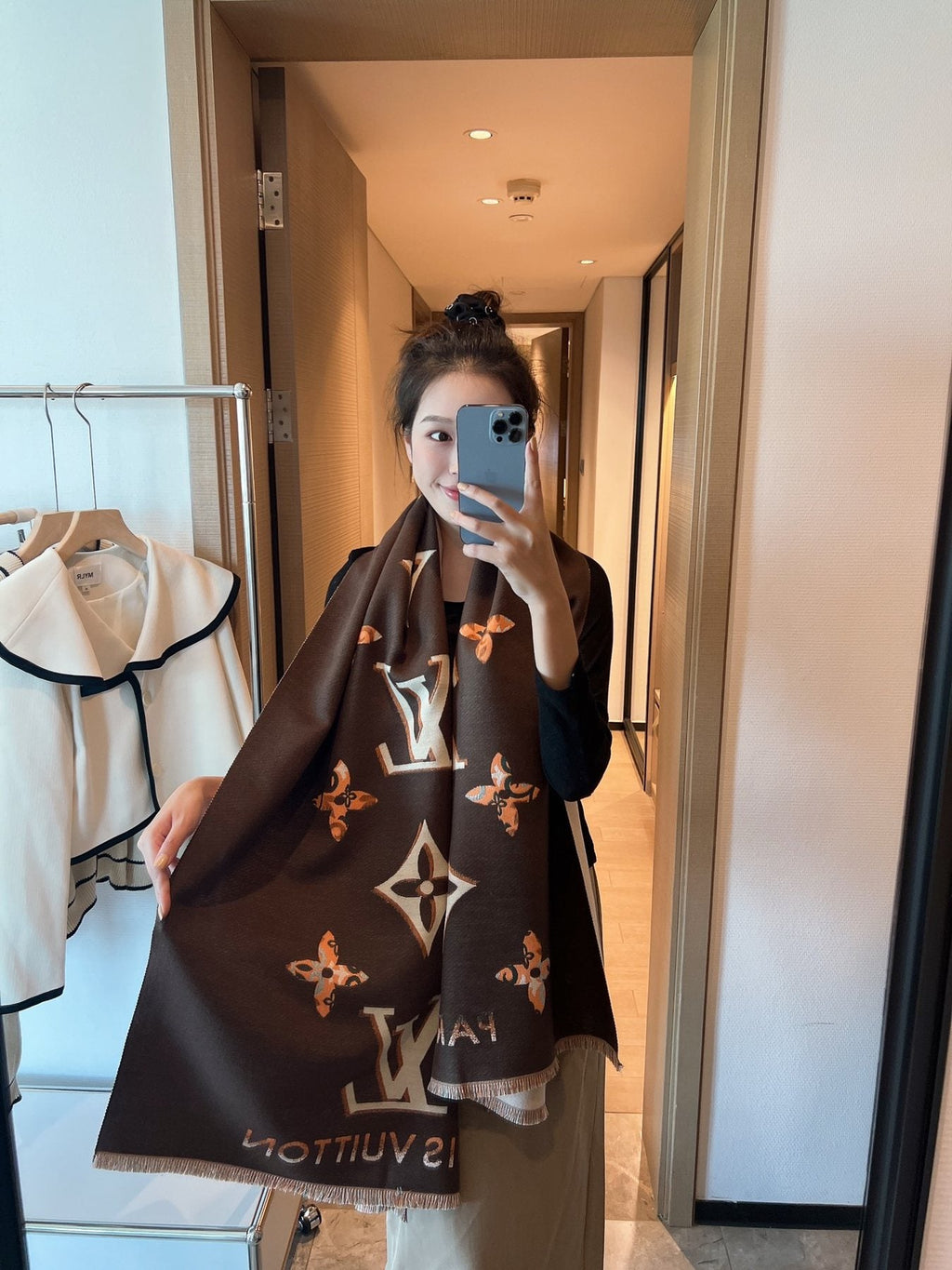 Louis Vuitton Patterned Fringed Shawl — model