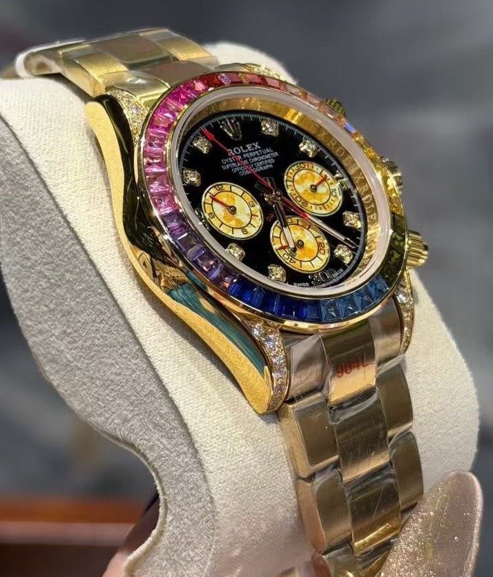Rolex Rainbow Gemstone Chronograph Watch — front
