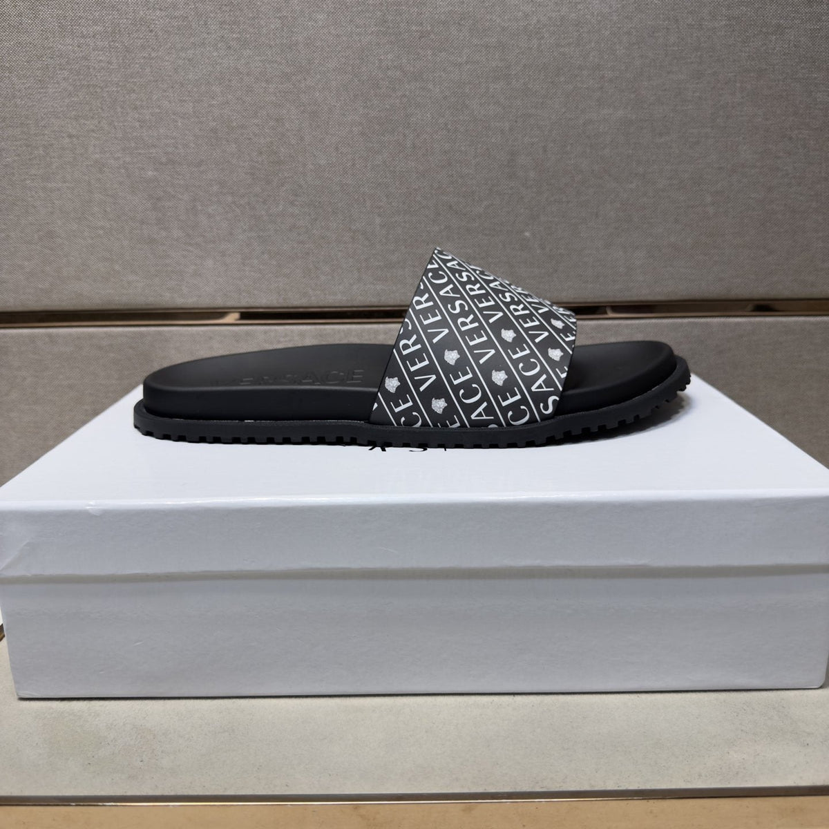 Versace Silver Logo Slide Sandals — side