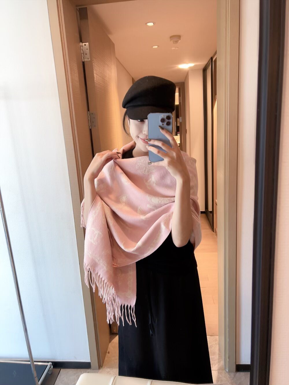 Chanel Logo-Pattern Fringed Scarf — model